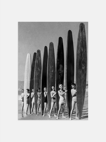 Surfer Girls in Motion – Retro Black & White Poster