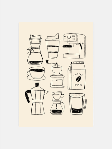 Minimal hand drawn coffee bar wall art printable displayed in a modern kitchen setting.