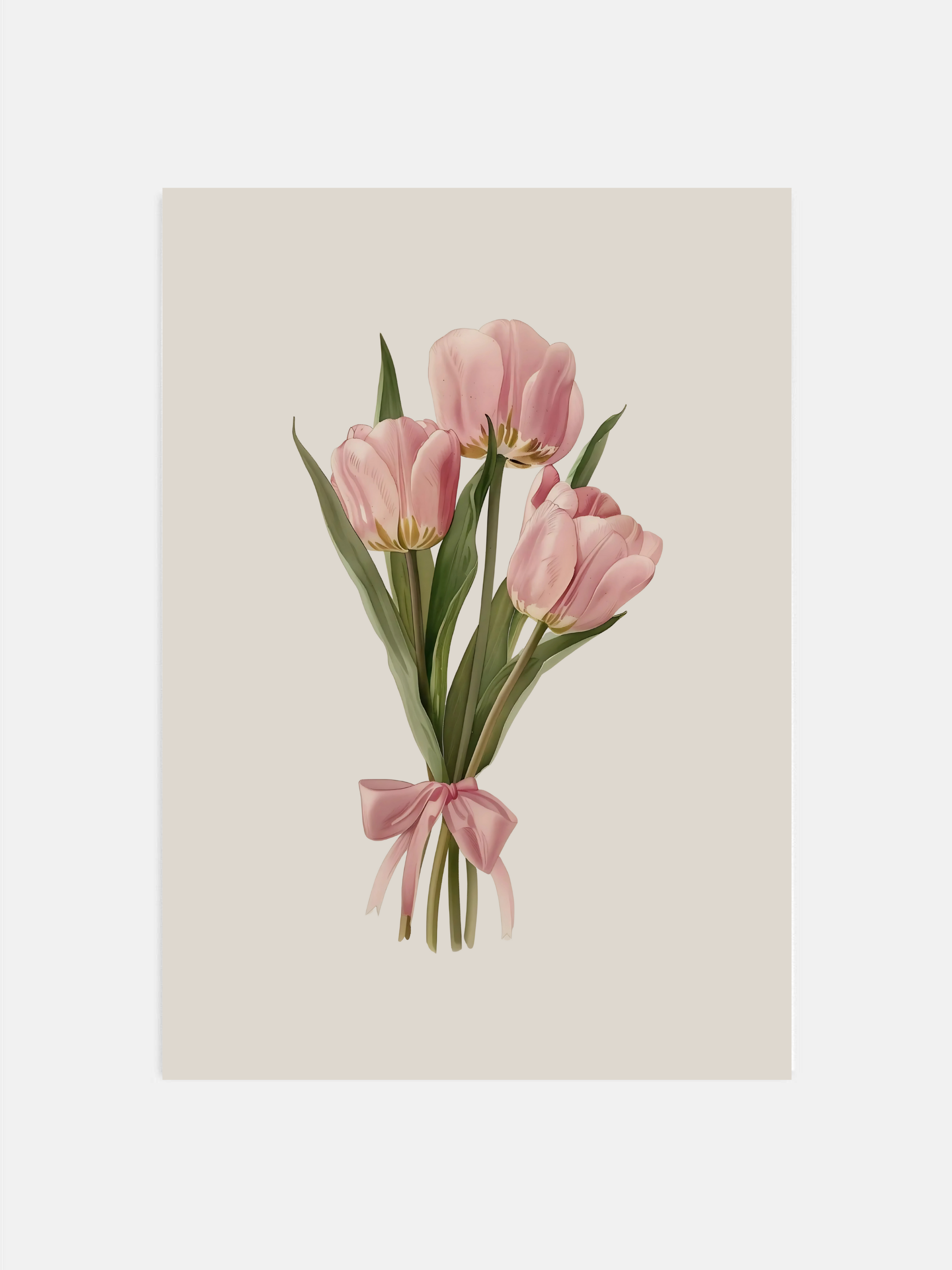 Coquette tulips wall art with pink bow styled in a girly bedroom.