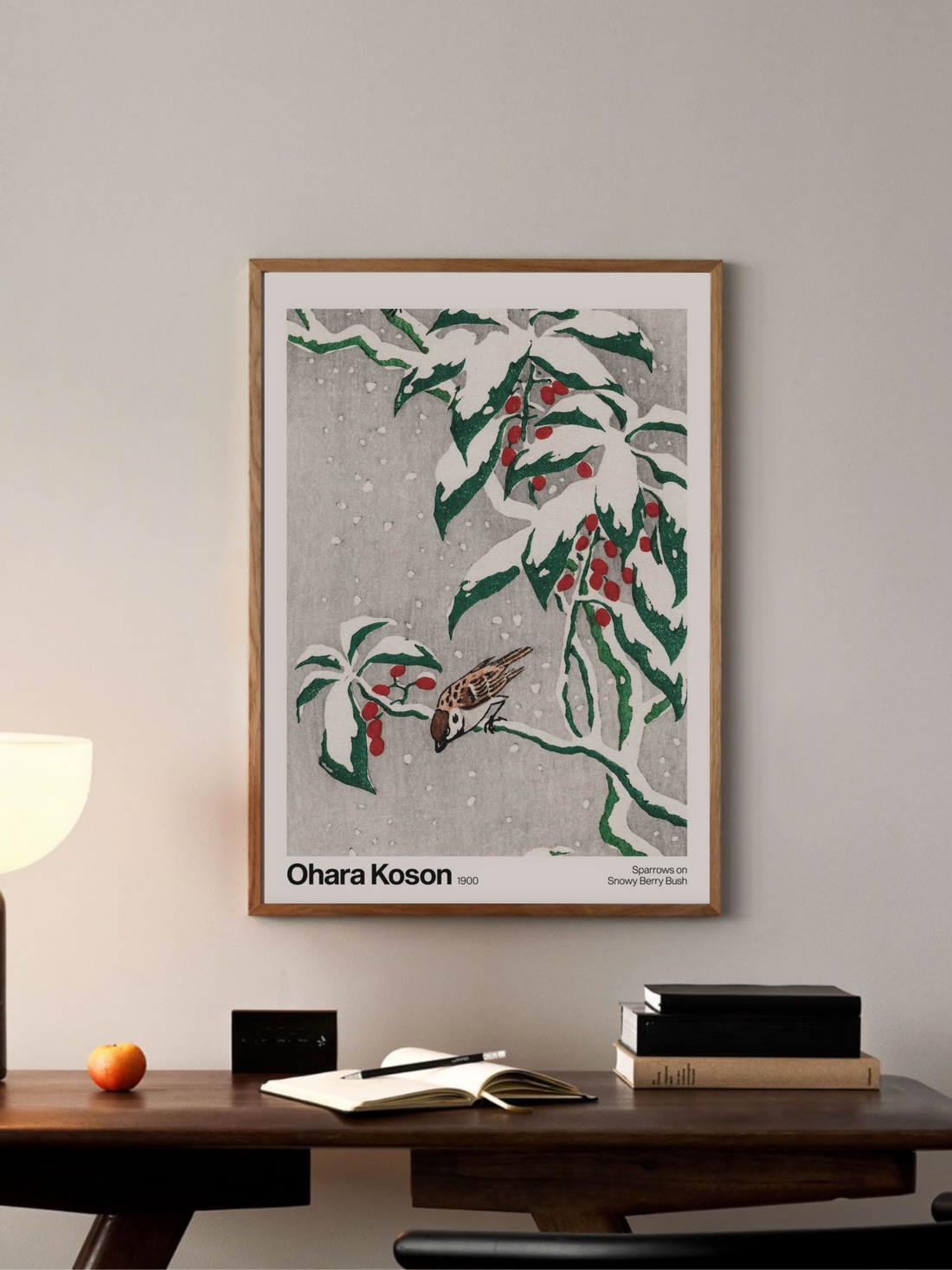 Illustration of birds on a snowy twig with red berries