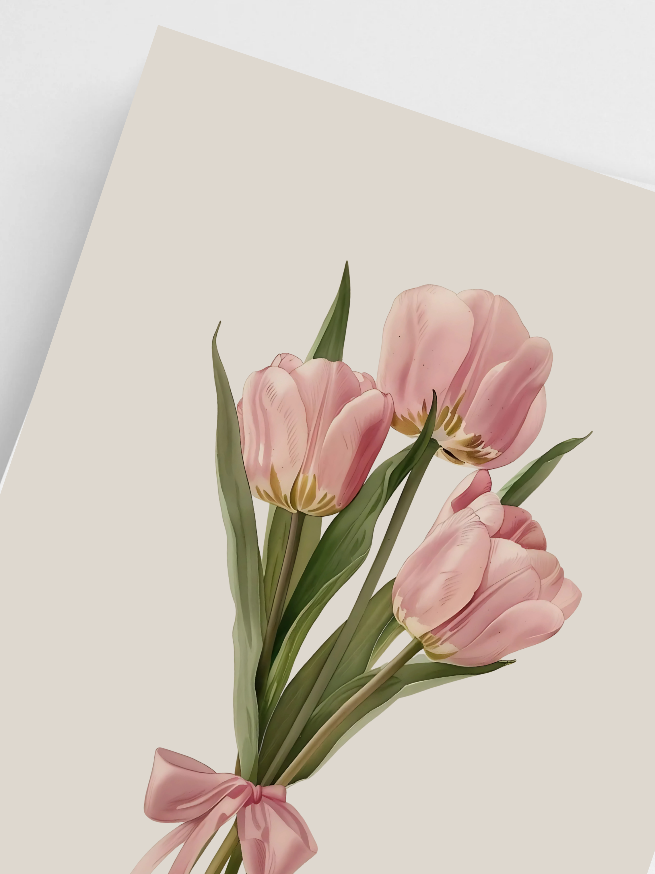 Pink tulips with a bow on a beige background