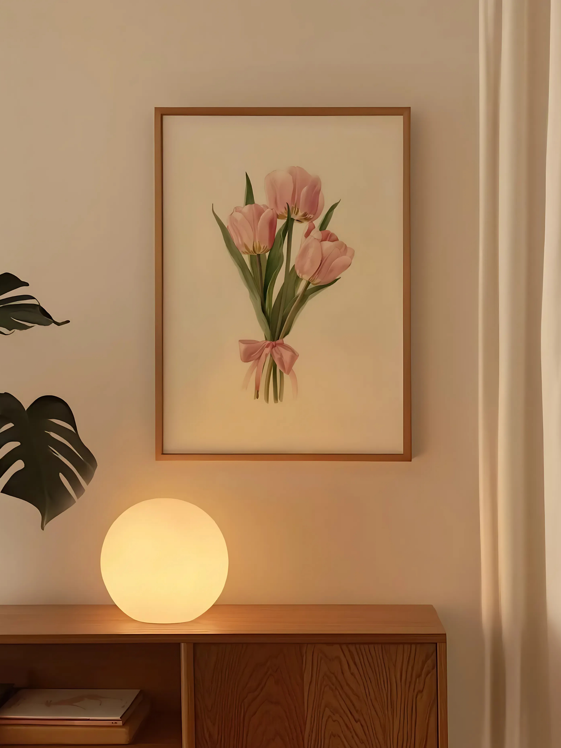 Framed artwork of pink tulips on a wall with a wooden shelf and lamp below.