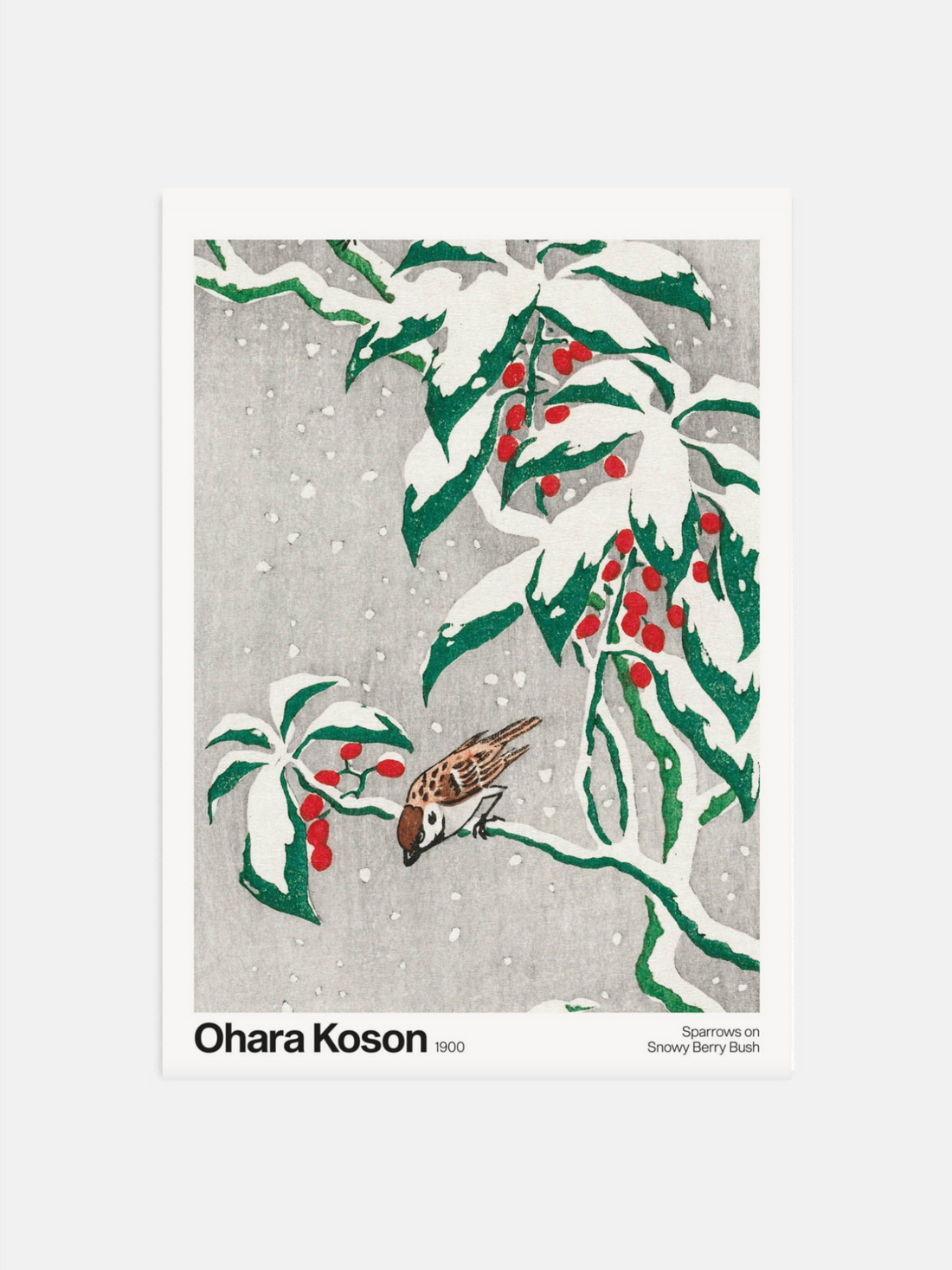 Illustration of birds on a snowy twig with red berries