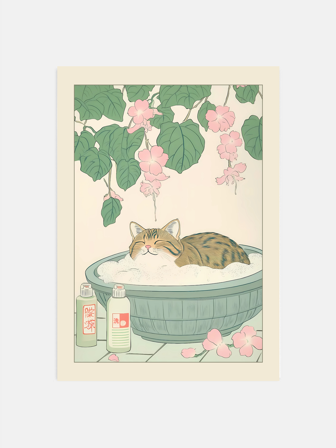 Tabby cat in bathtub wall art with Japanese minimalist style in a bathroom.