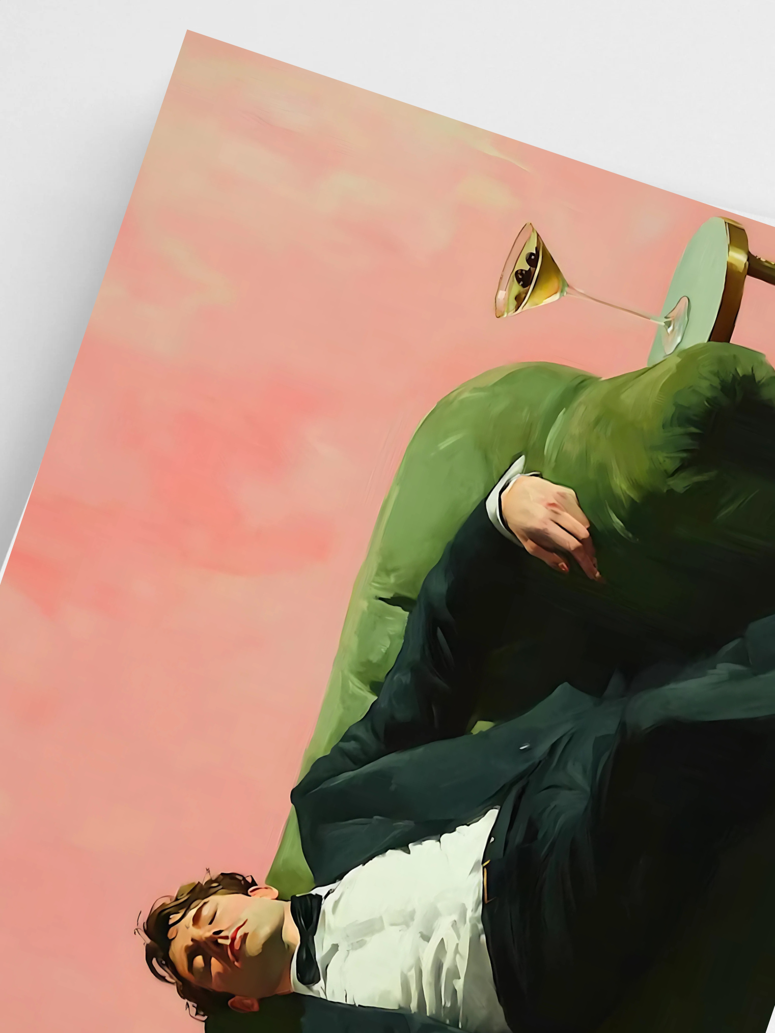 Aesthetic oil painting digital download of man with martini, unique art print gift for cocktail lovers.