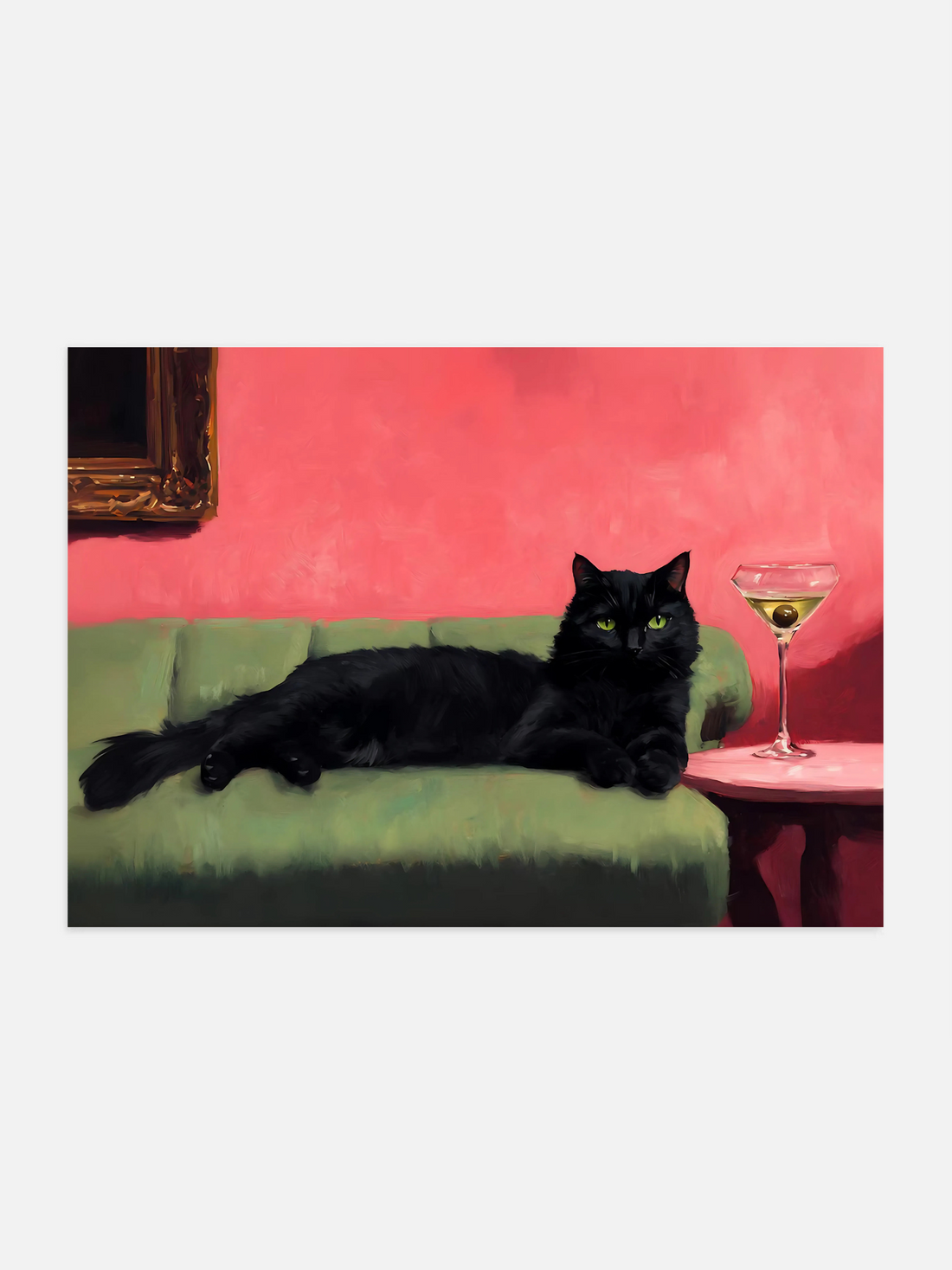 Whimsical art print of a black cat with a martini, perfect cocktail wall art for bar cart or kitchen dΓ©cor.