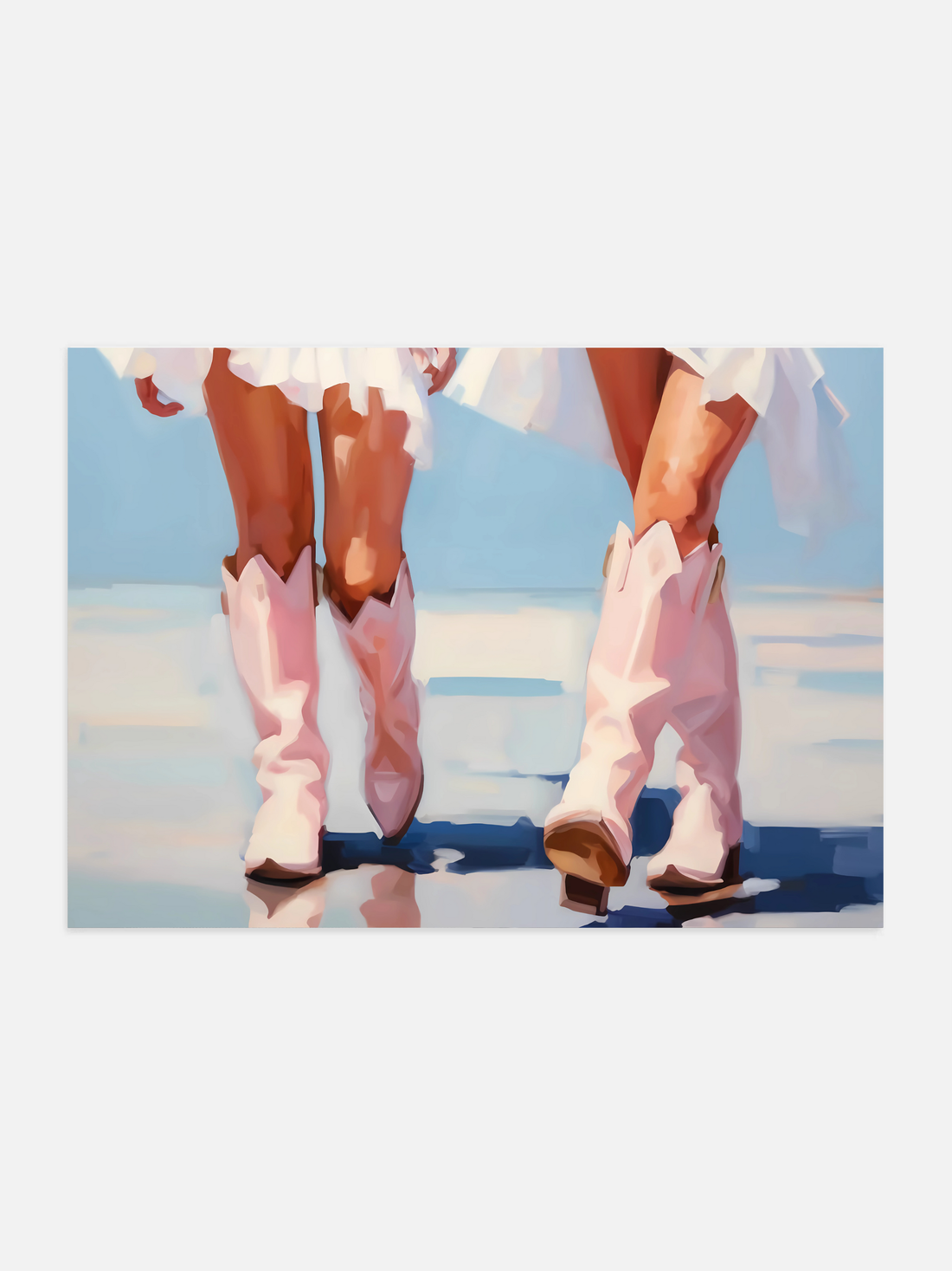 Coastal cowgirl poster with pink and blue boots on a wall in a girly bedroom.