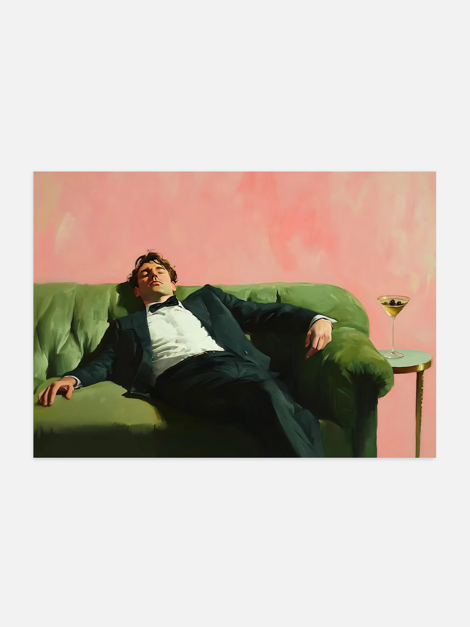 Oil painting print of a man on a couch with a martini, perfect cocktail art for bar cart or kitchen wall décor.