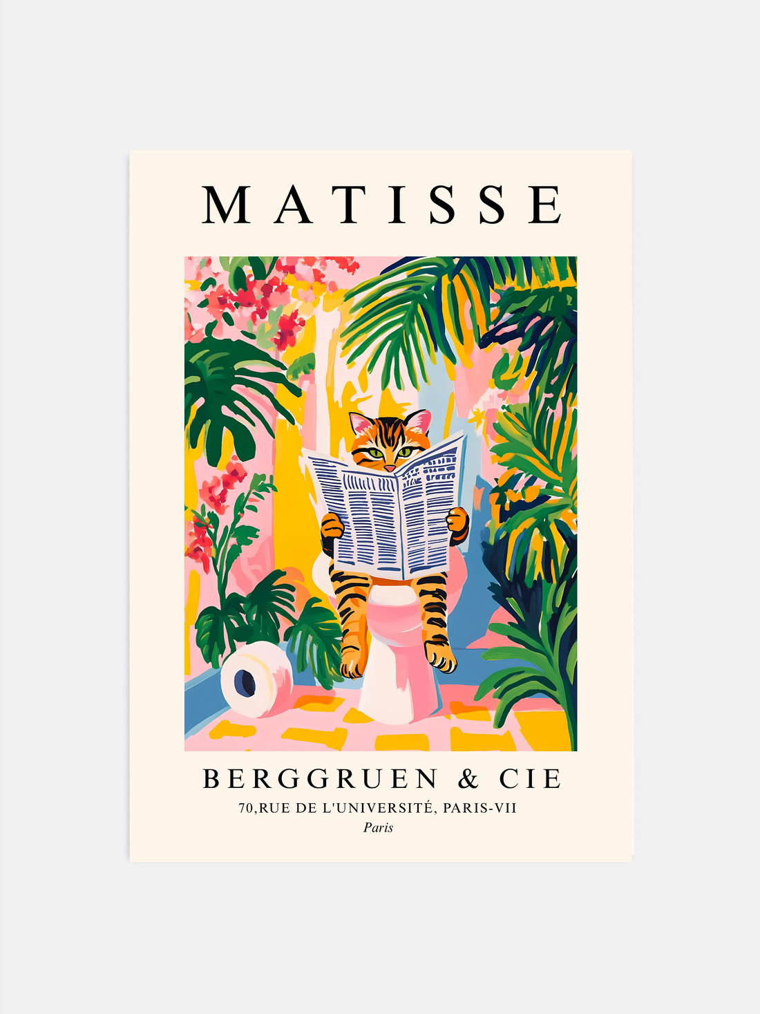 Funny tabby cat on a toilet wall art with pink background in a modern bathroom.