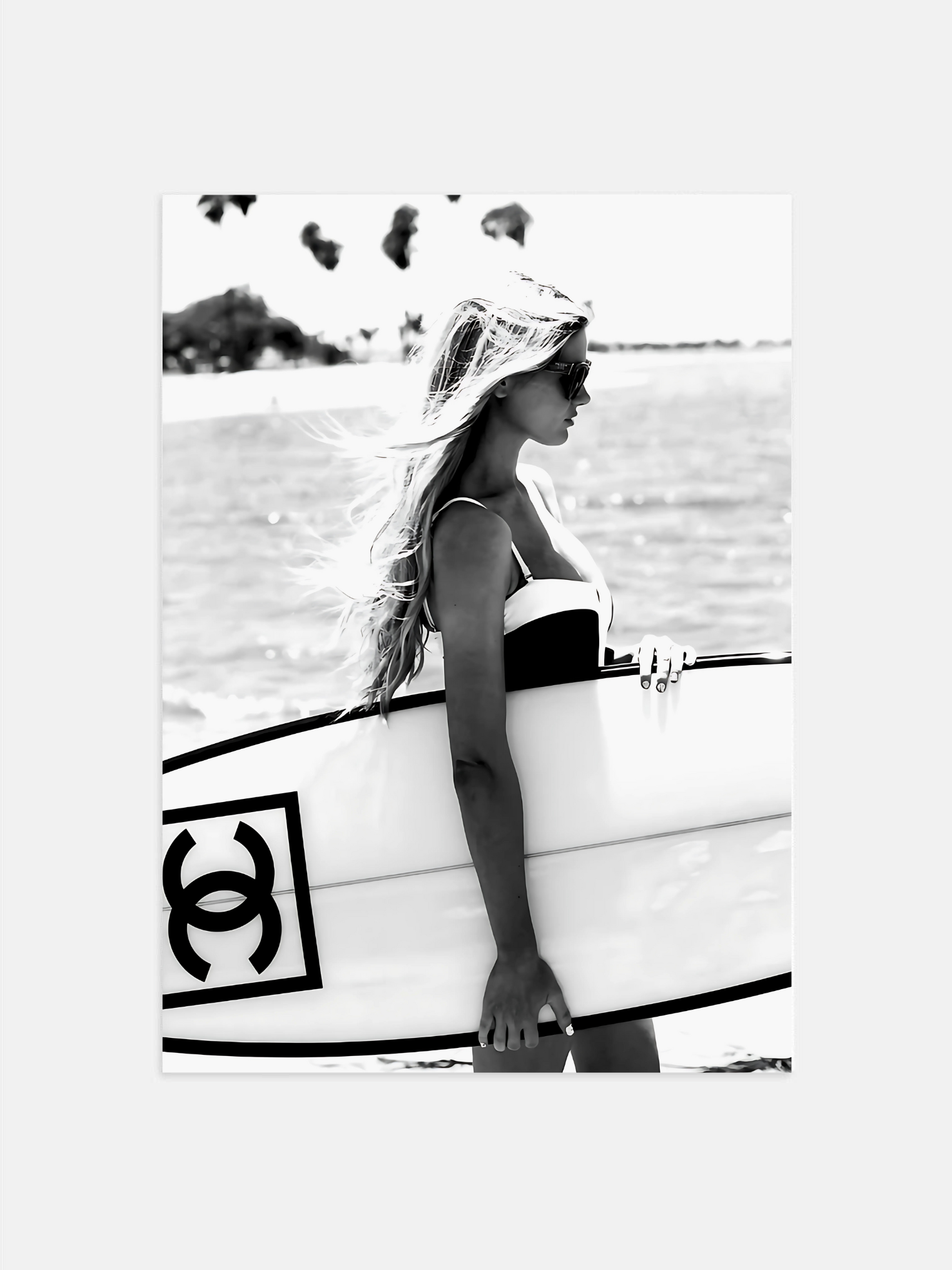 Surfer Girl with Chanel Surfboard Poster