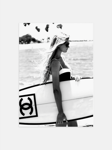 Surfer Girl with Chanel Surfboard Poster