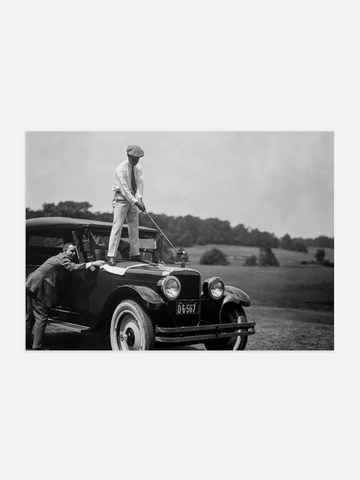 Golfer on Car Vintage Poster
