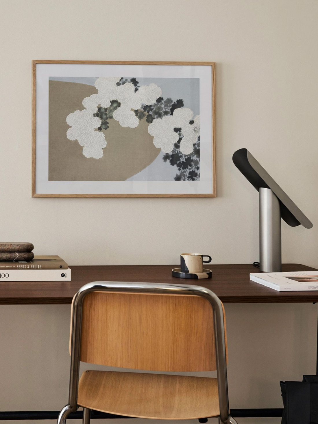 Japanese blossom artwork in beige and white tones