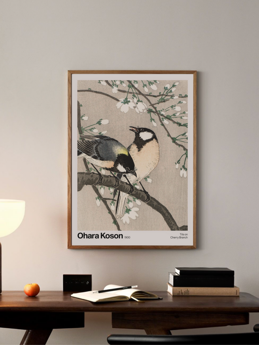 Art print of two birds on a branch with cherry blossoms, Ohara Koson. 