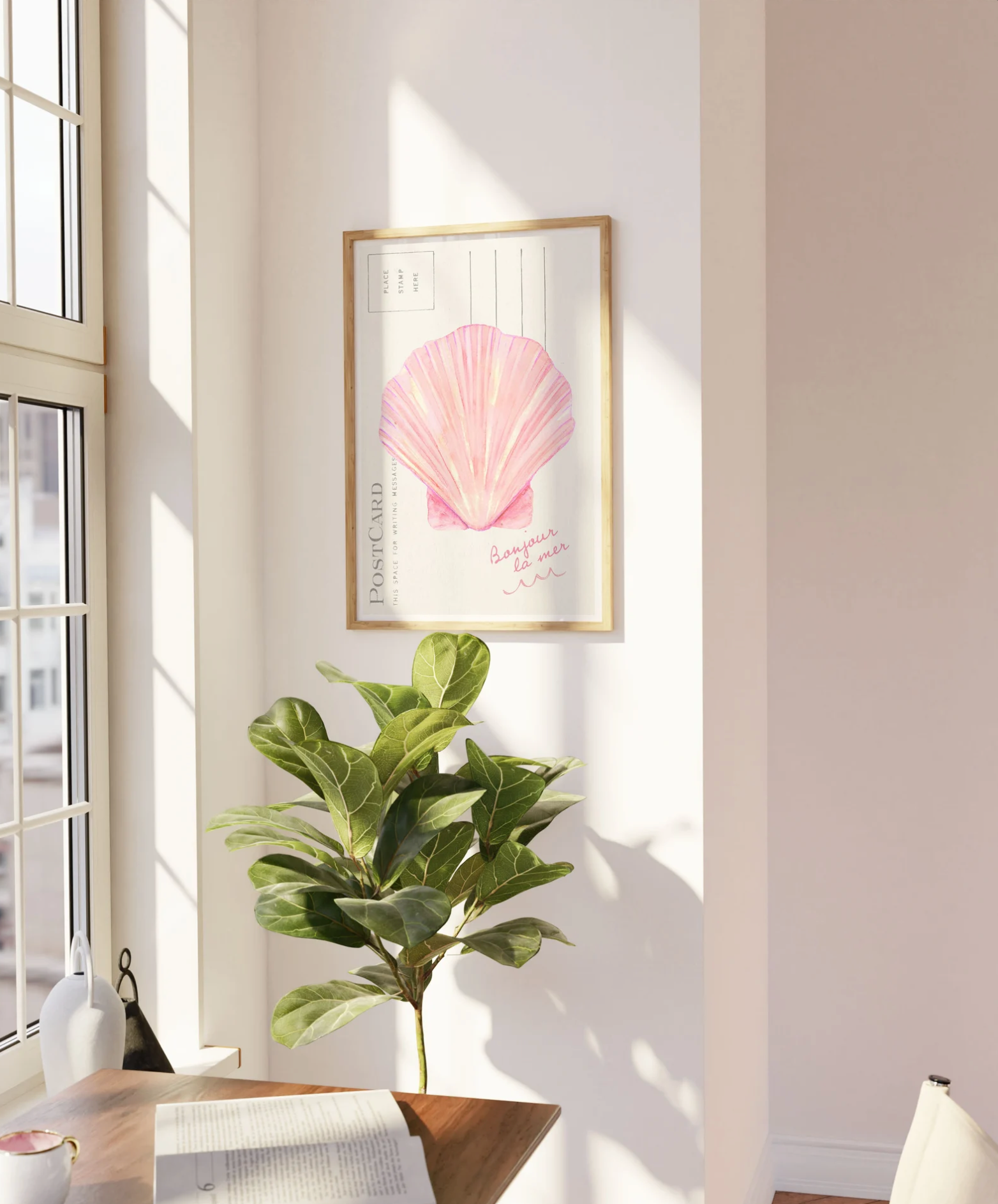 Coastal granddaughter seashell art styled in a preppy girls dorm.