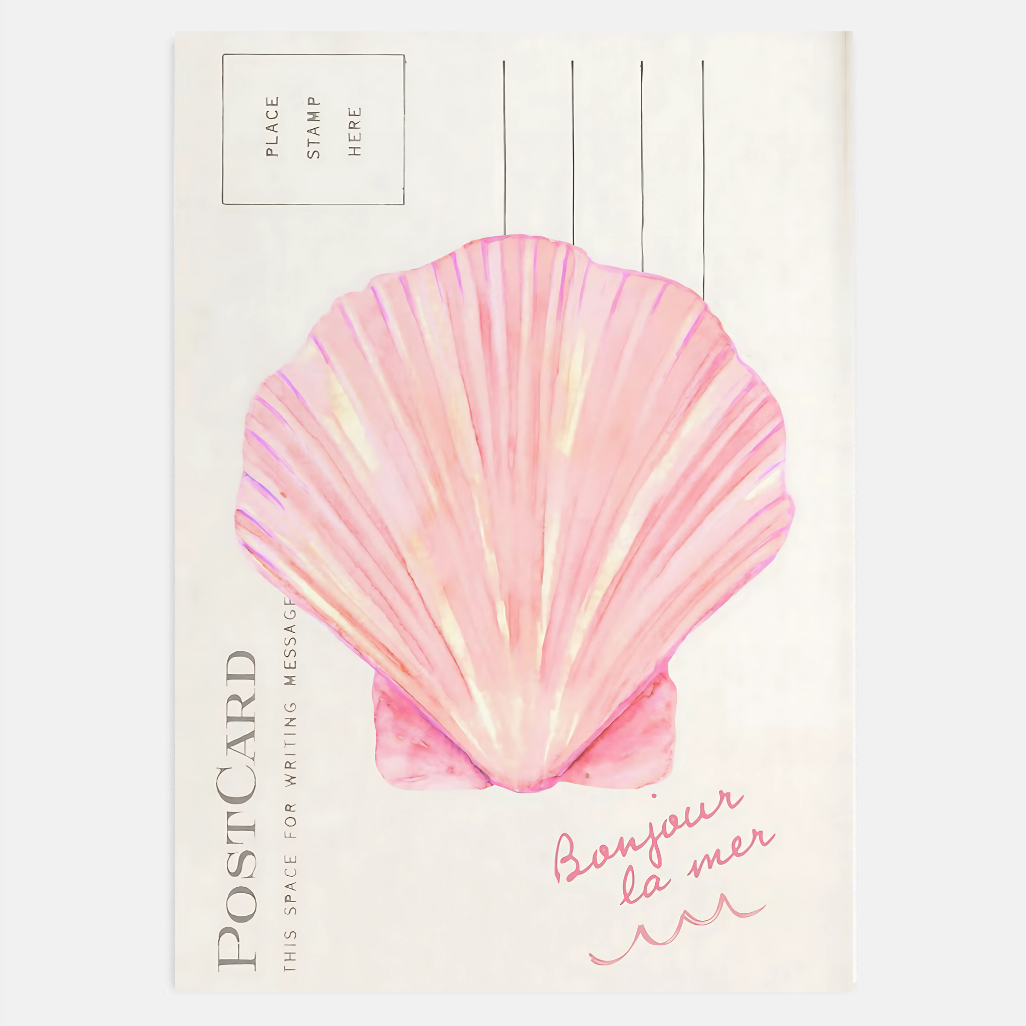 Coastal seashell wall art in pink hanging in a bright beachy bedroom.