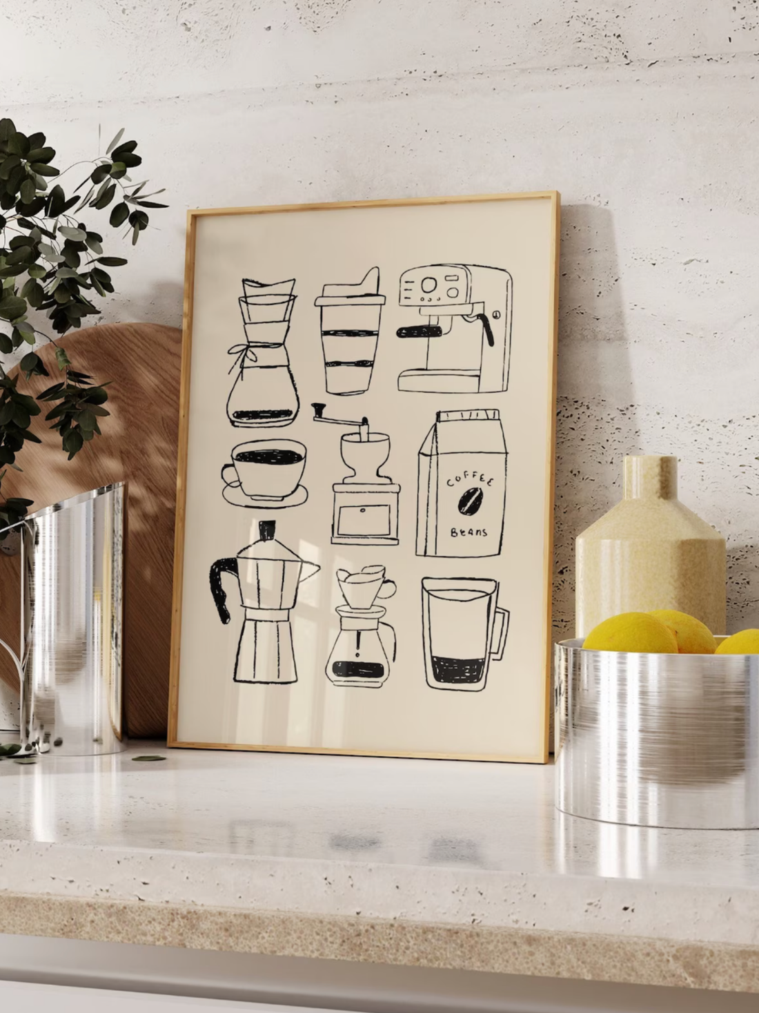 Minimal hand drawn coffee bar wall art printable displayed in a modern kitchen setting.