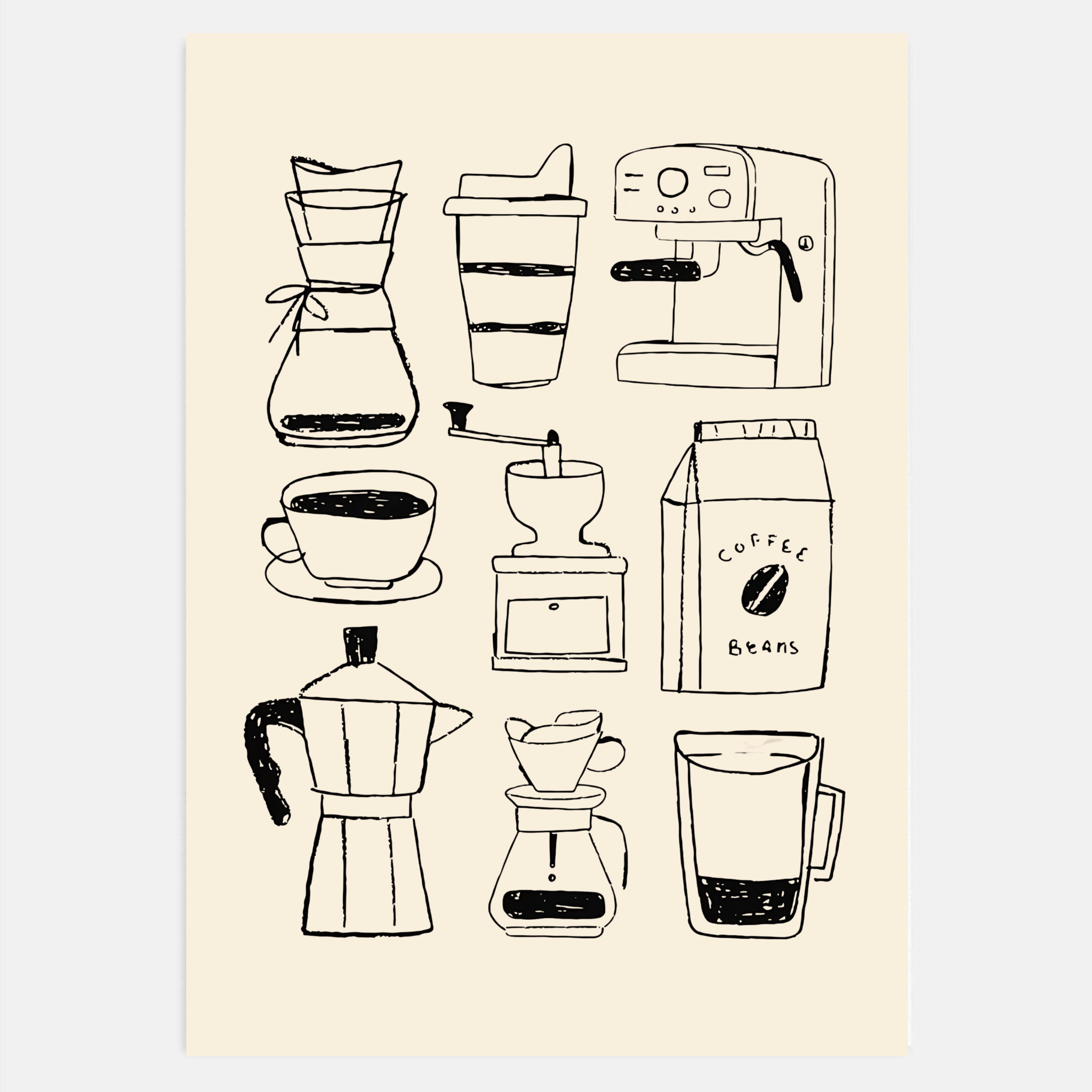 Minimal hand drawn coffee bar wall art printable displayed in a modern kitchen setting.