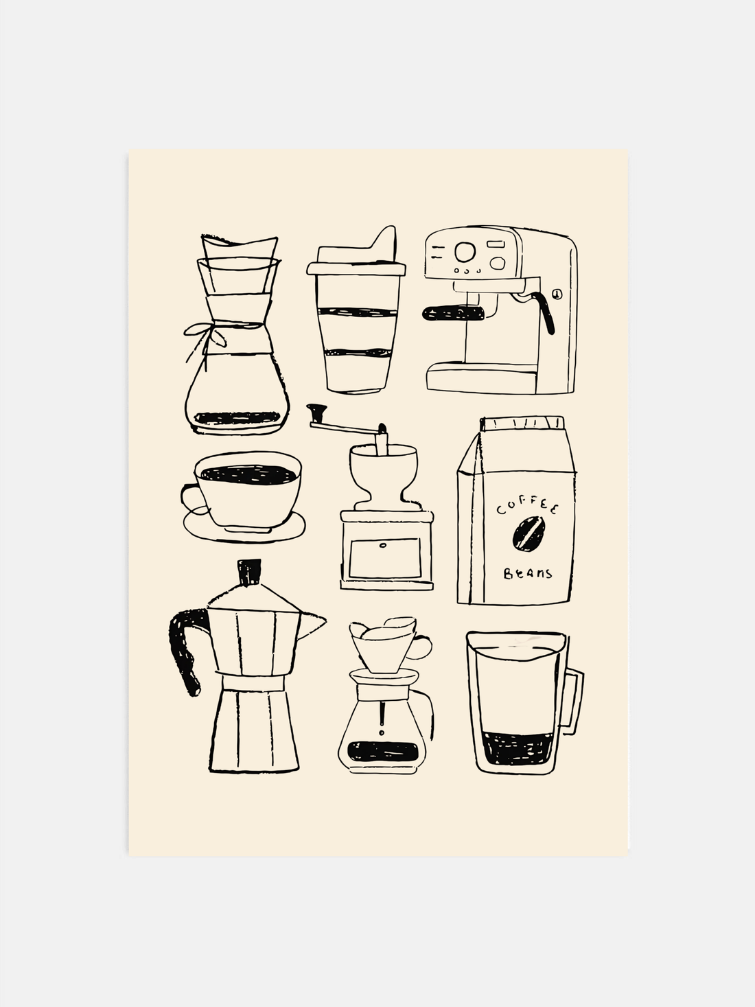 Minimal hand drawn coffee bar wall art printable displayed in a modern kitchen setting.