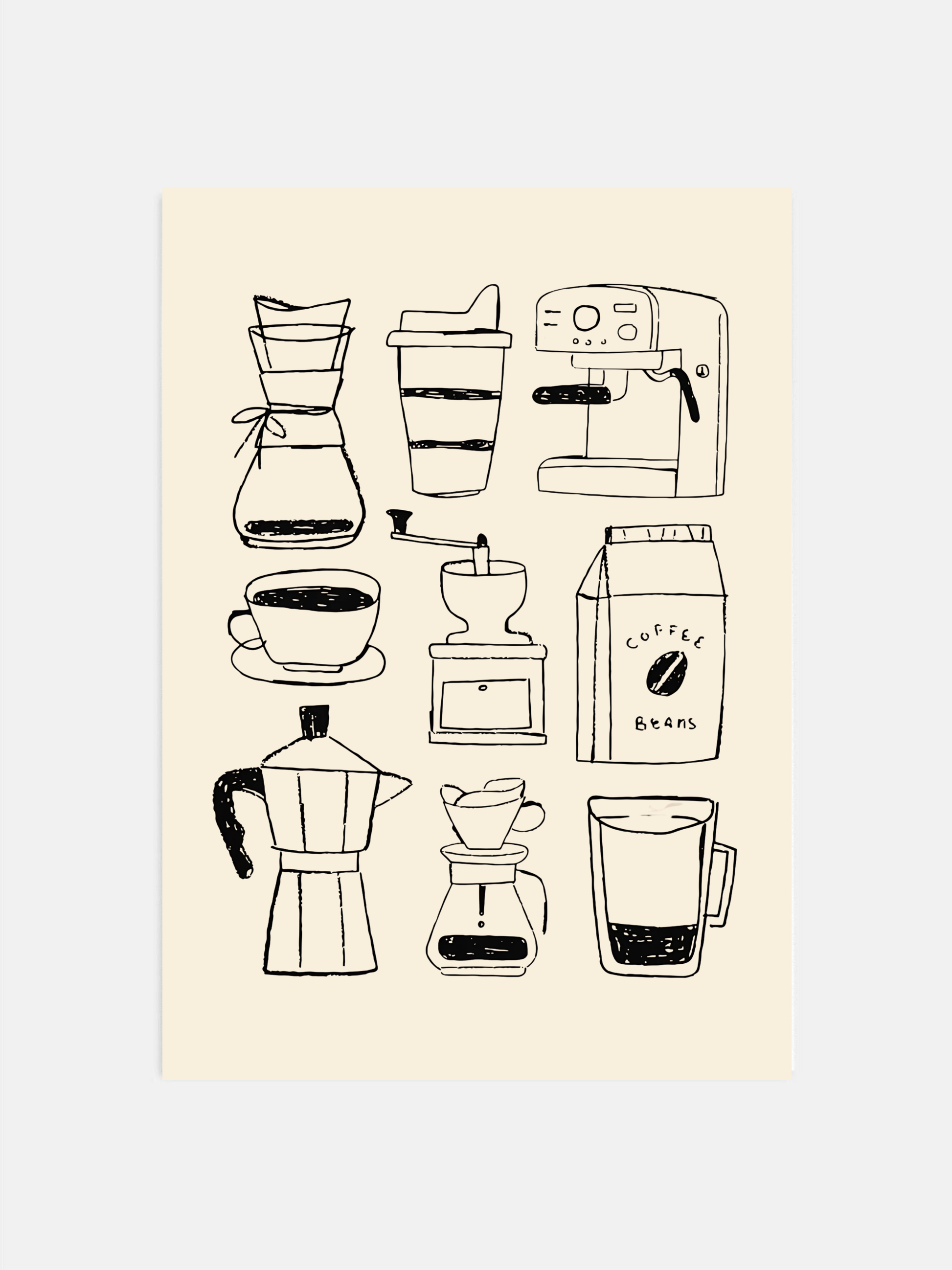 Minimal hand drawn coffee bar wall art printable displayed in a modern kitchen setting.
