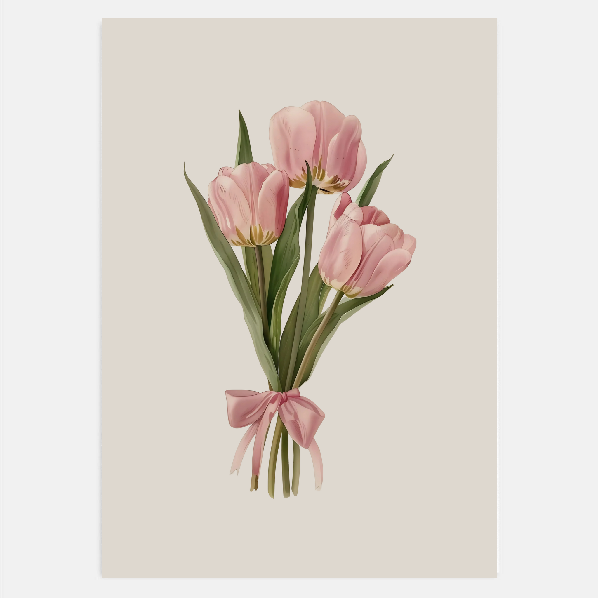 Coquette tulips wall art with pink bow styled in a girly bedroom.