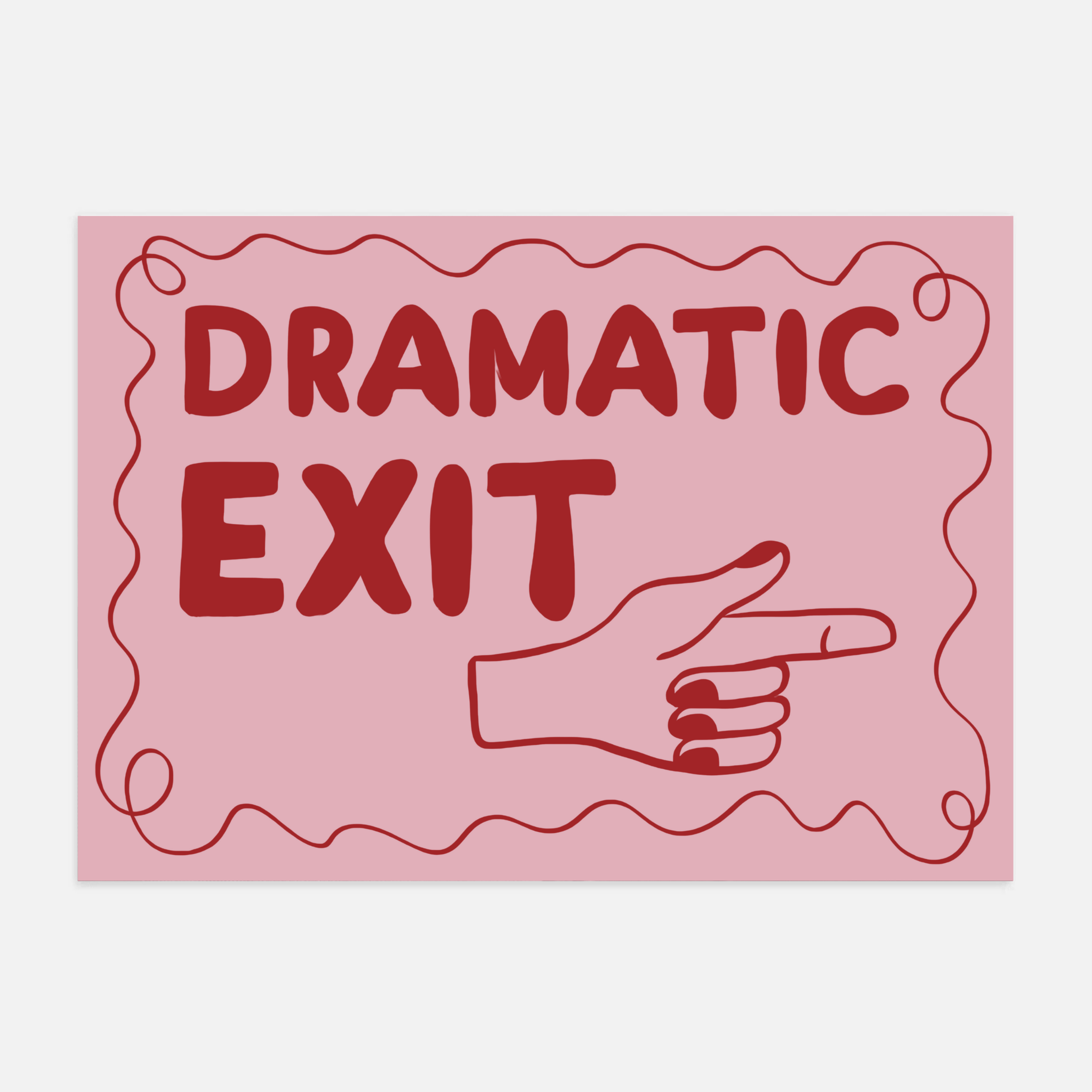 Dramatic Exit poster with red and pink typography hanging in a stylish entryway.