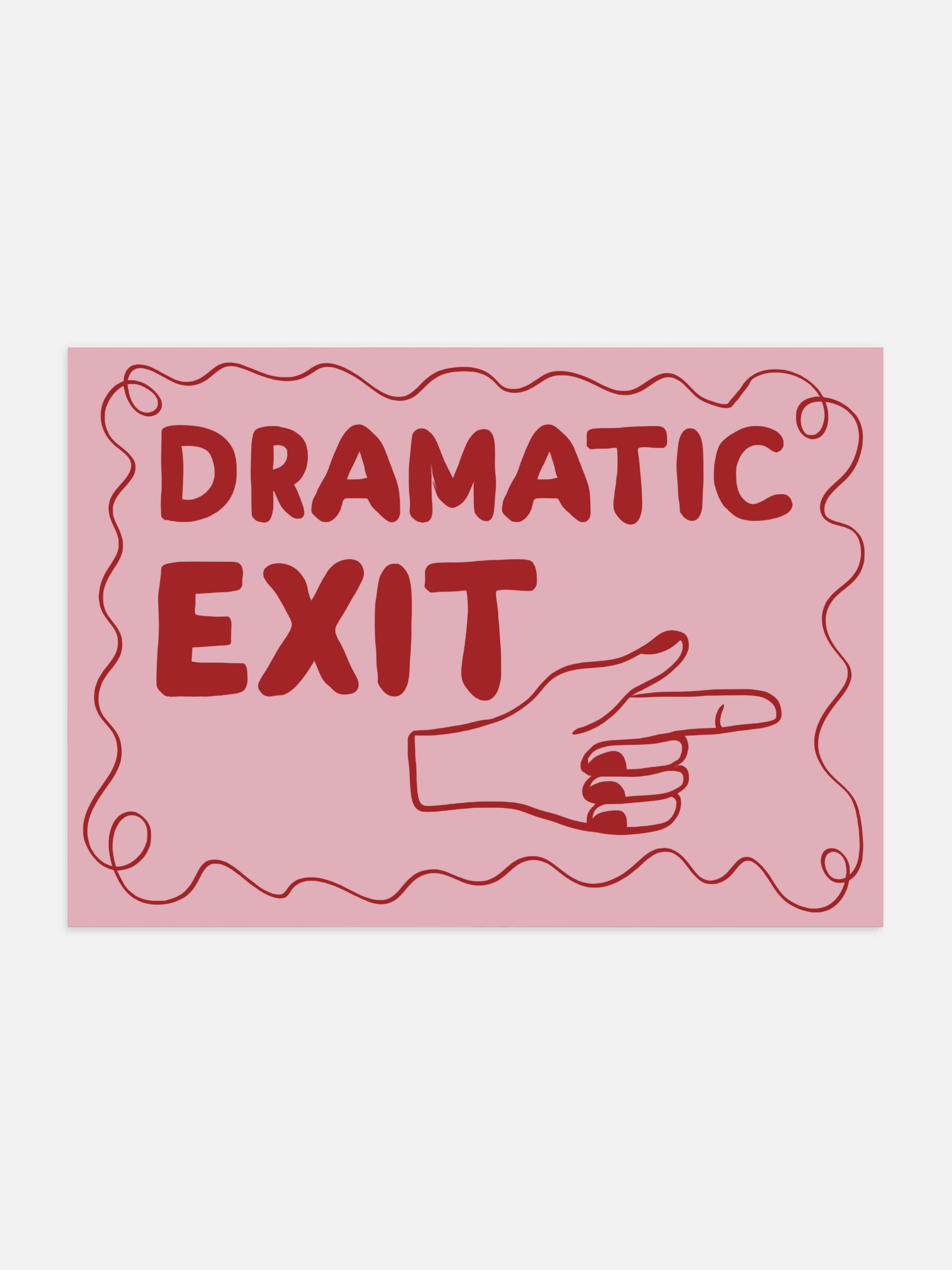 Dramatic Exit poster with red and pink typography hanging in a stylish entryway.