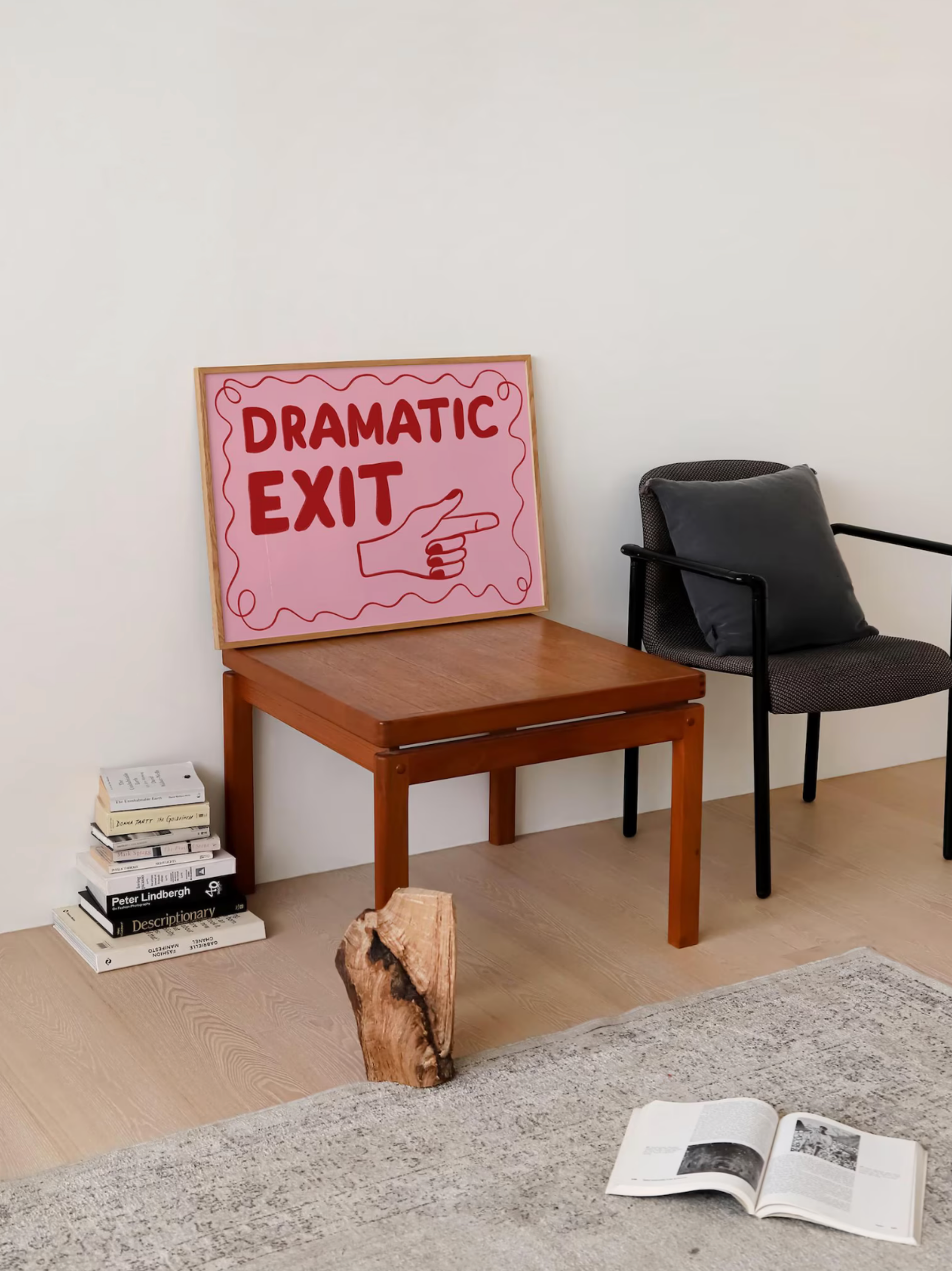 Dramatic Exit typography wall art print displayed with trendy decor accents.