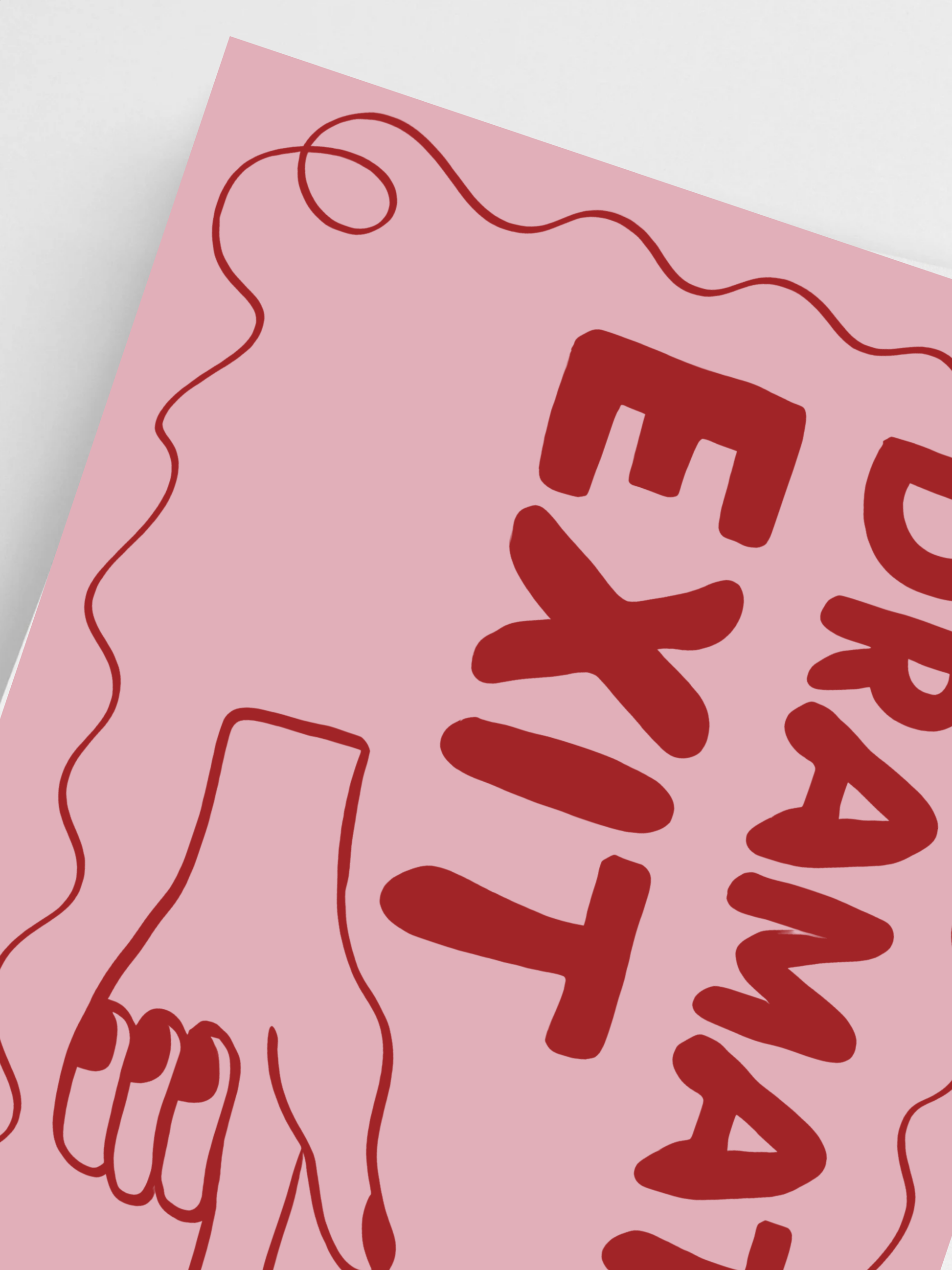 Close-up of Dramatic Exit wall art print showing modern red and pink letters.