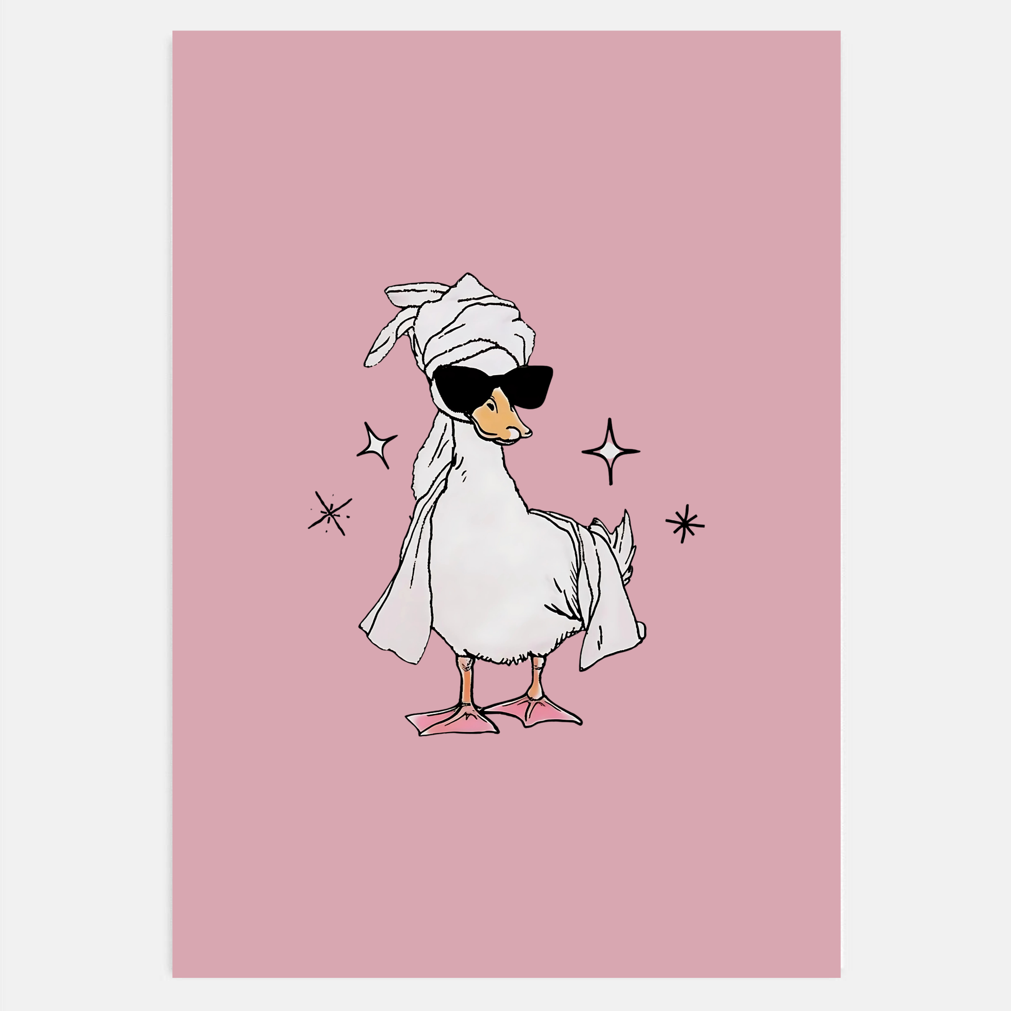 Duck in head towel wall art on dust pink background hanging in a girly bathroom.