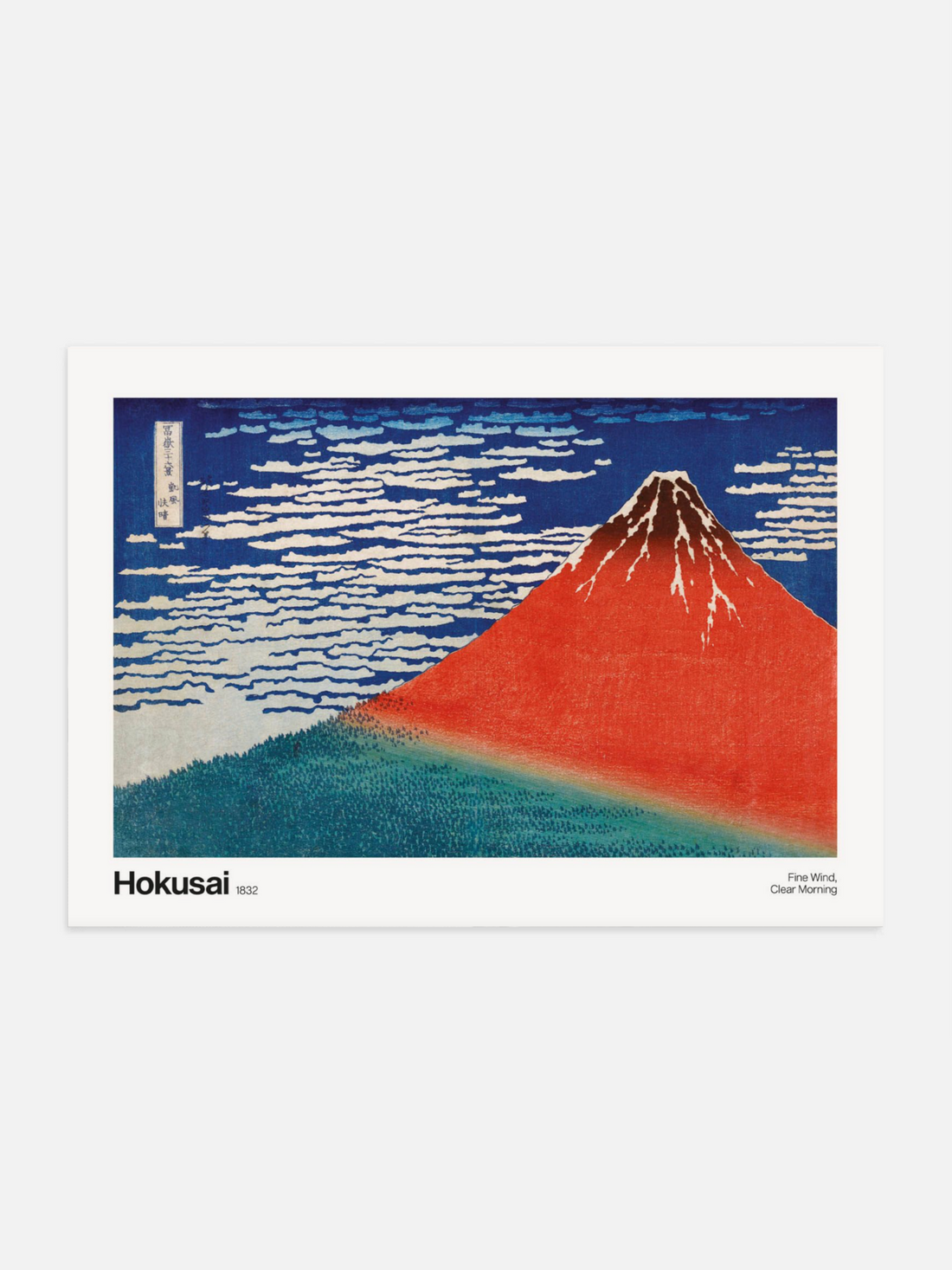 Red Mount Fuji print by Hokusai in clear morning light