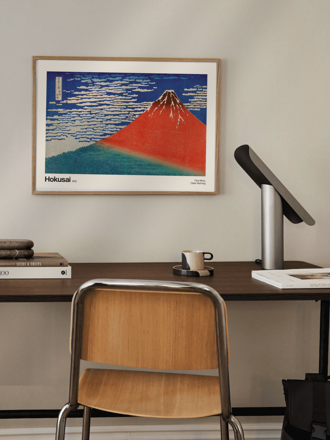 Red Mount Fuji print by Hokusai in clear morning light