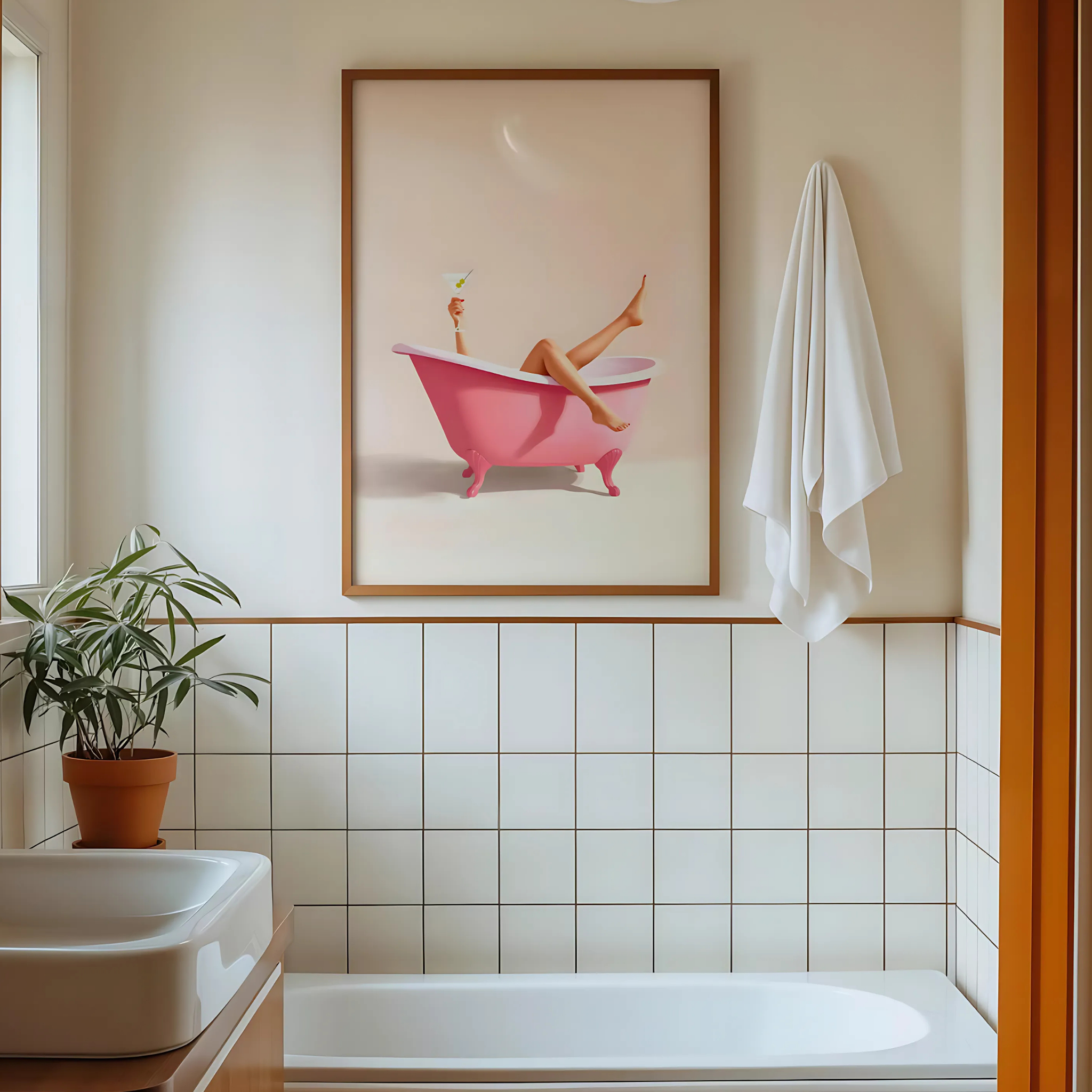 Cute minimalist bathroom print with Barbie pink tub and relaxed girl.