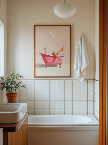 Cute minimalist bathroom print with Barbie pink tub and relaxed girl.