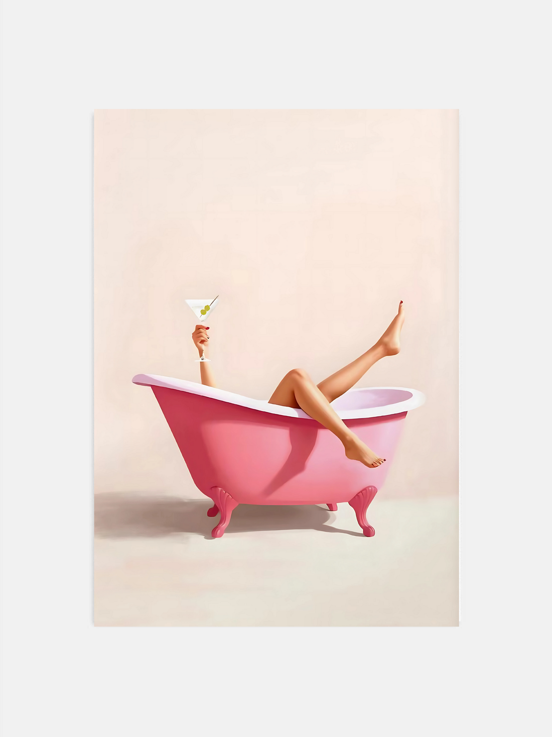 Girl chilling in pink bathtub wall art with martini on a soft pink background.