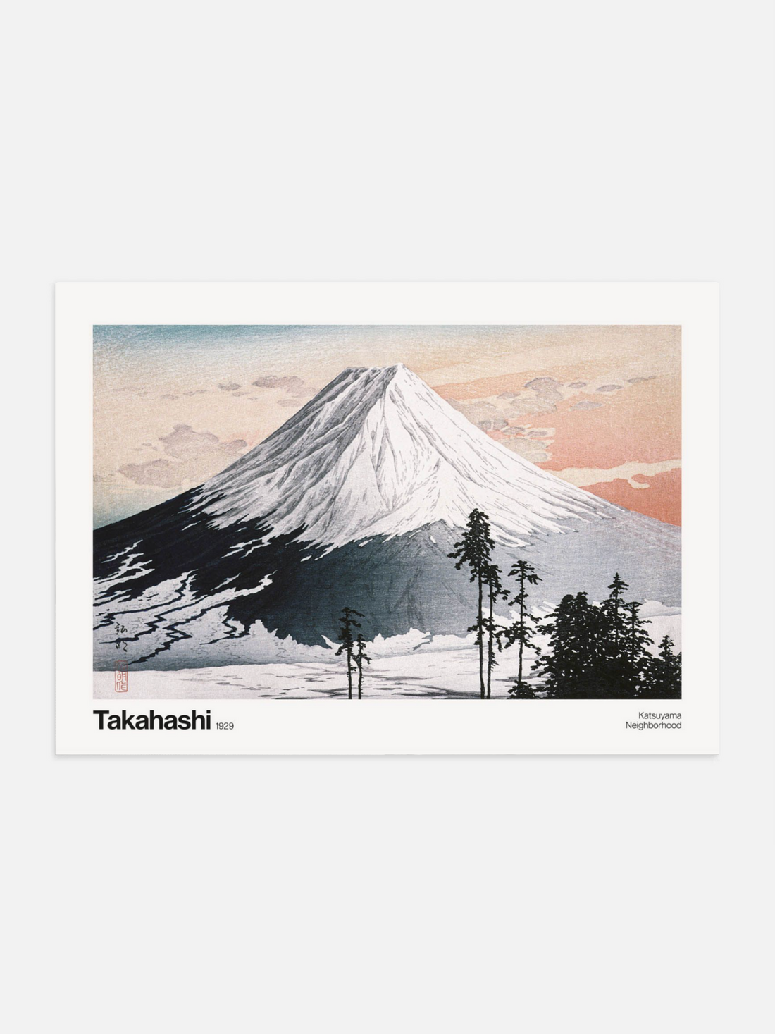 Art print of a mountain landscape with trees and a clear sky, Snow-covered mountain under pastel sky in Japanese art style