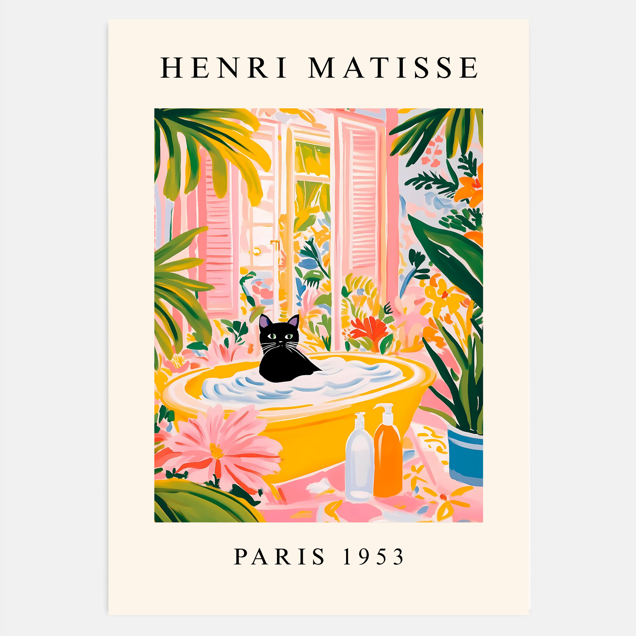 Black cat in bathtub wall art with pink tropical background in a bathroom.