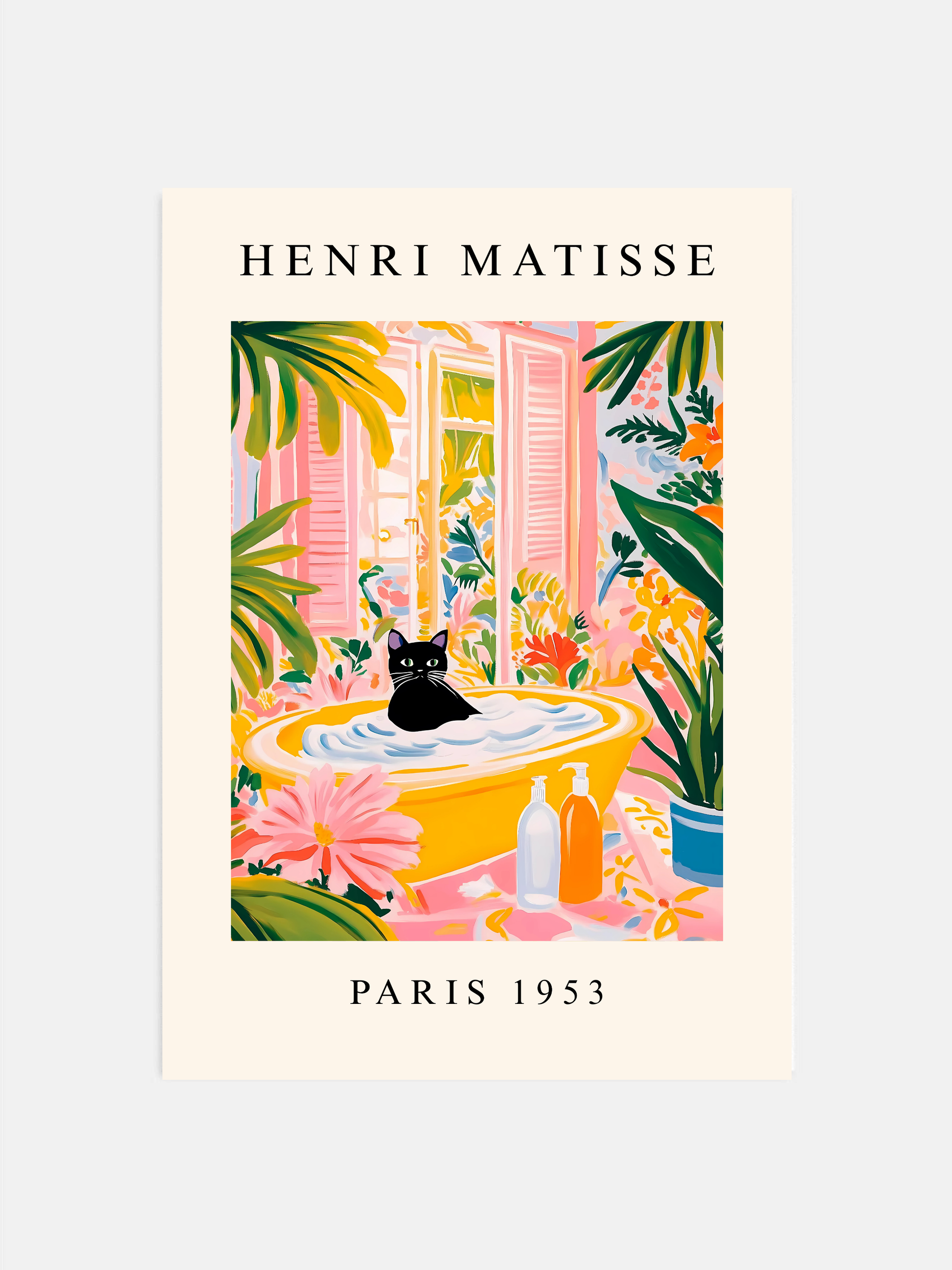Black cat in bathtub wall art with pink tropical background in a bathroom.