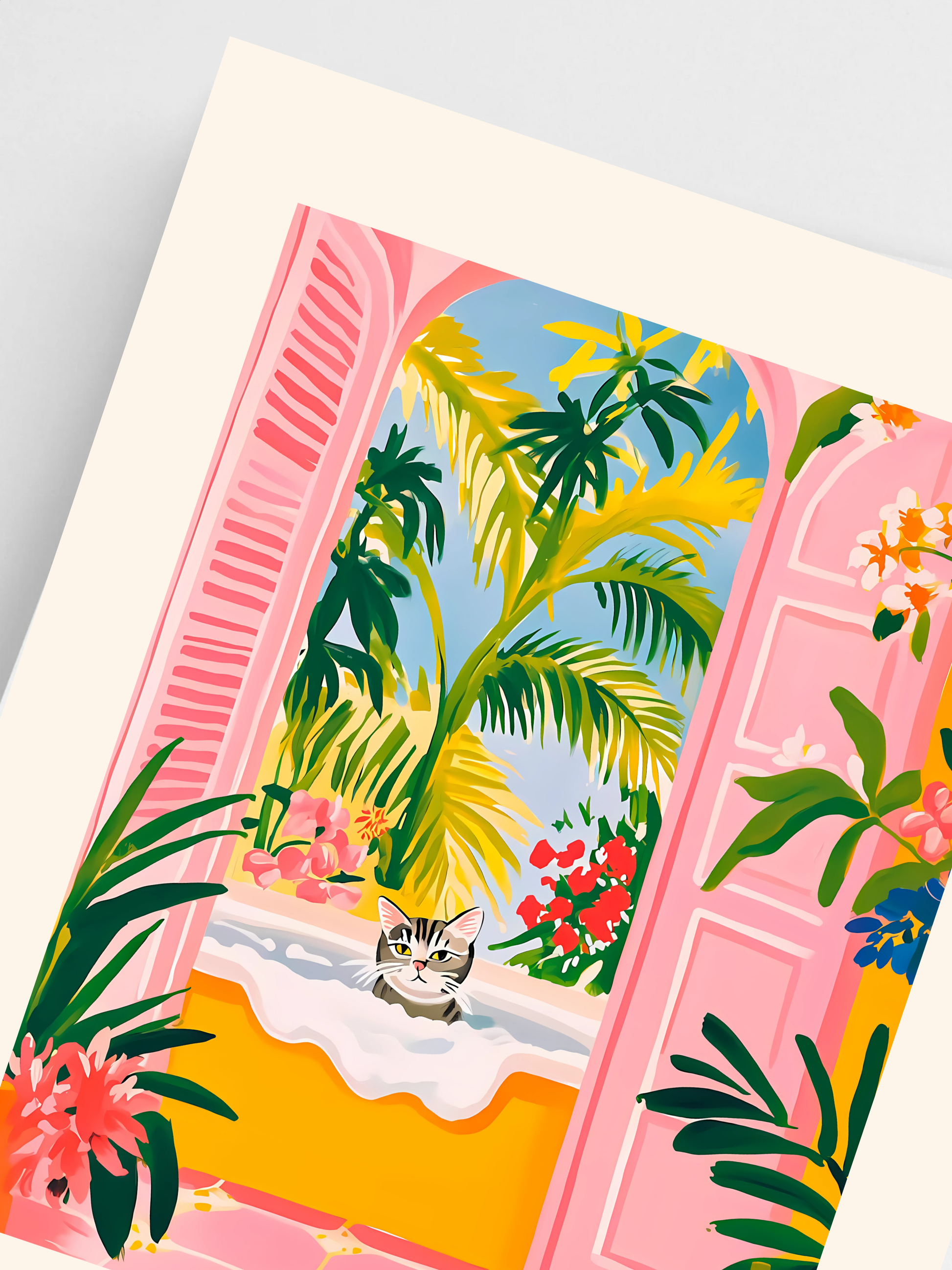 Close-up of playful Matisse-style cat print in pink for dopamine decor.