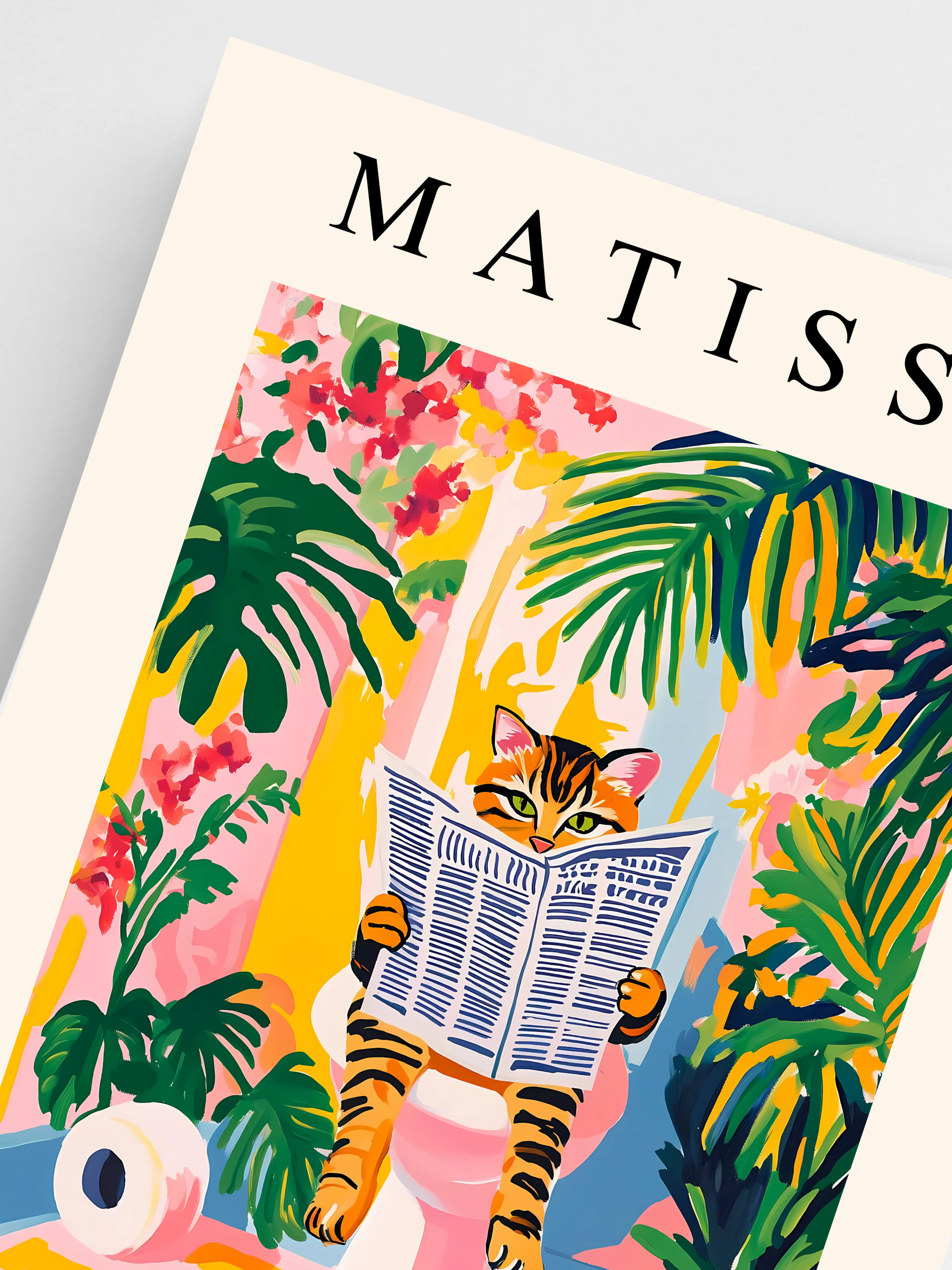 Close-up of playful Matisse-style cat print in mid-century pink tones.