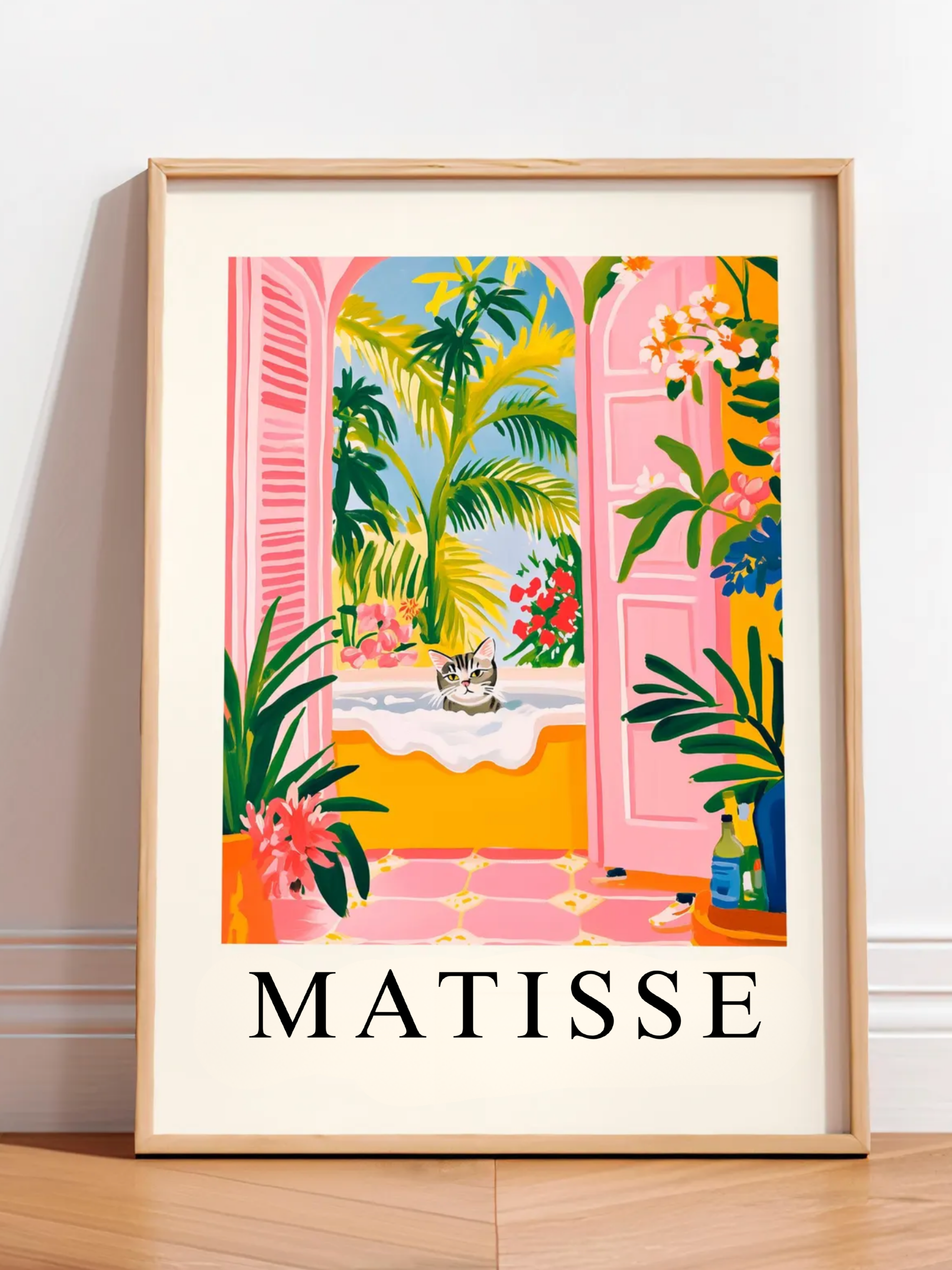 Funny tabby cat bathtub poster styled with plants and mid-century decor.