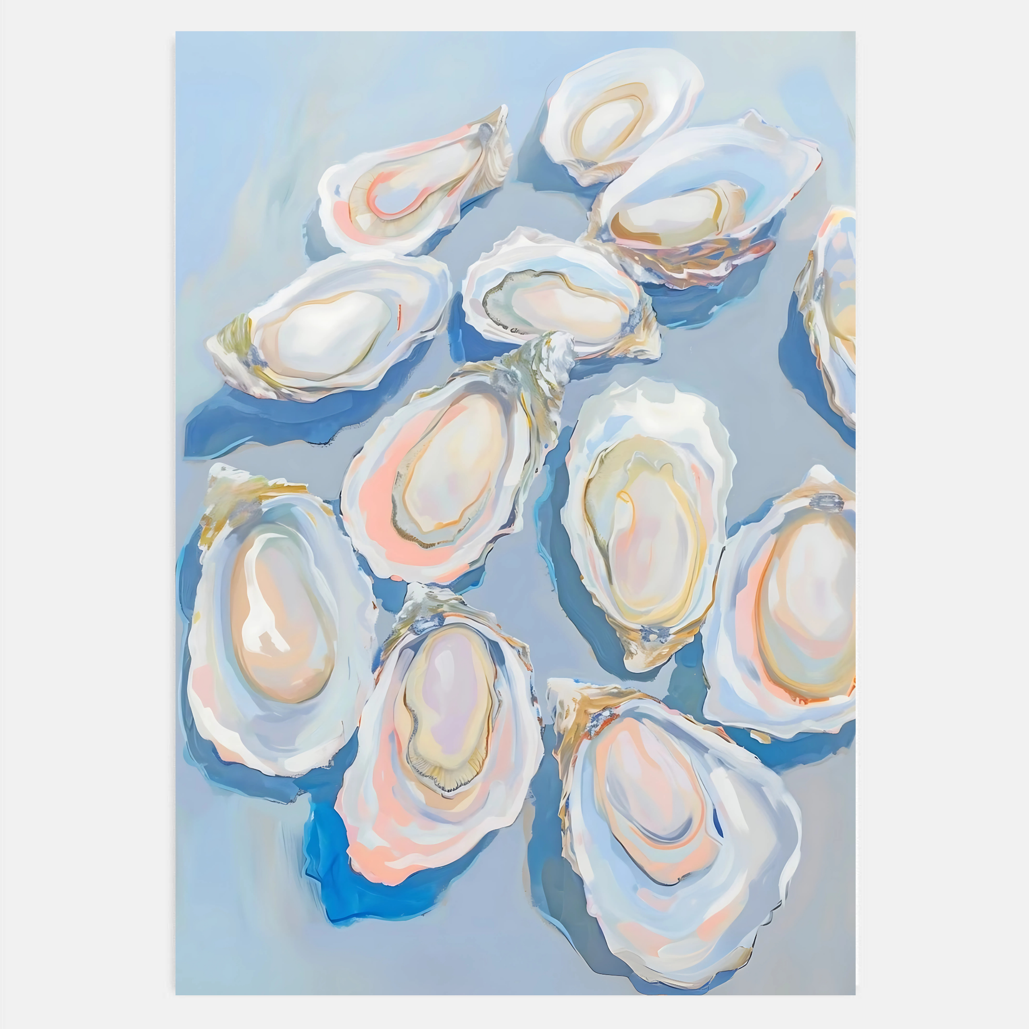 Pastel blue oyster shell art print hanging in a bright coastal kitchen.