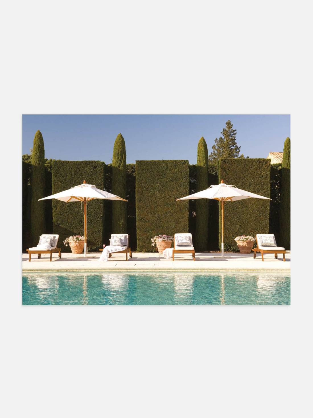 Poolside scene with sunbeds and umbrellas in front of a green hedge