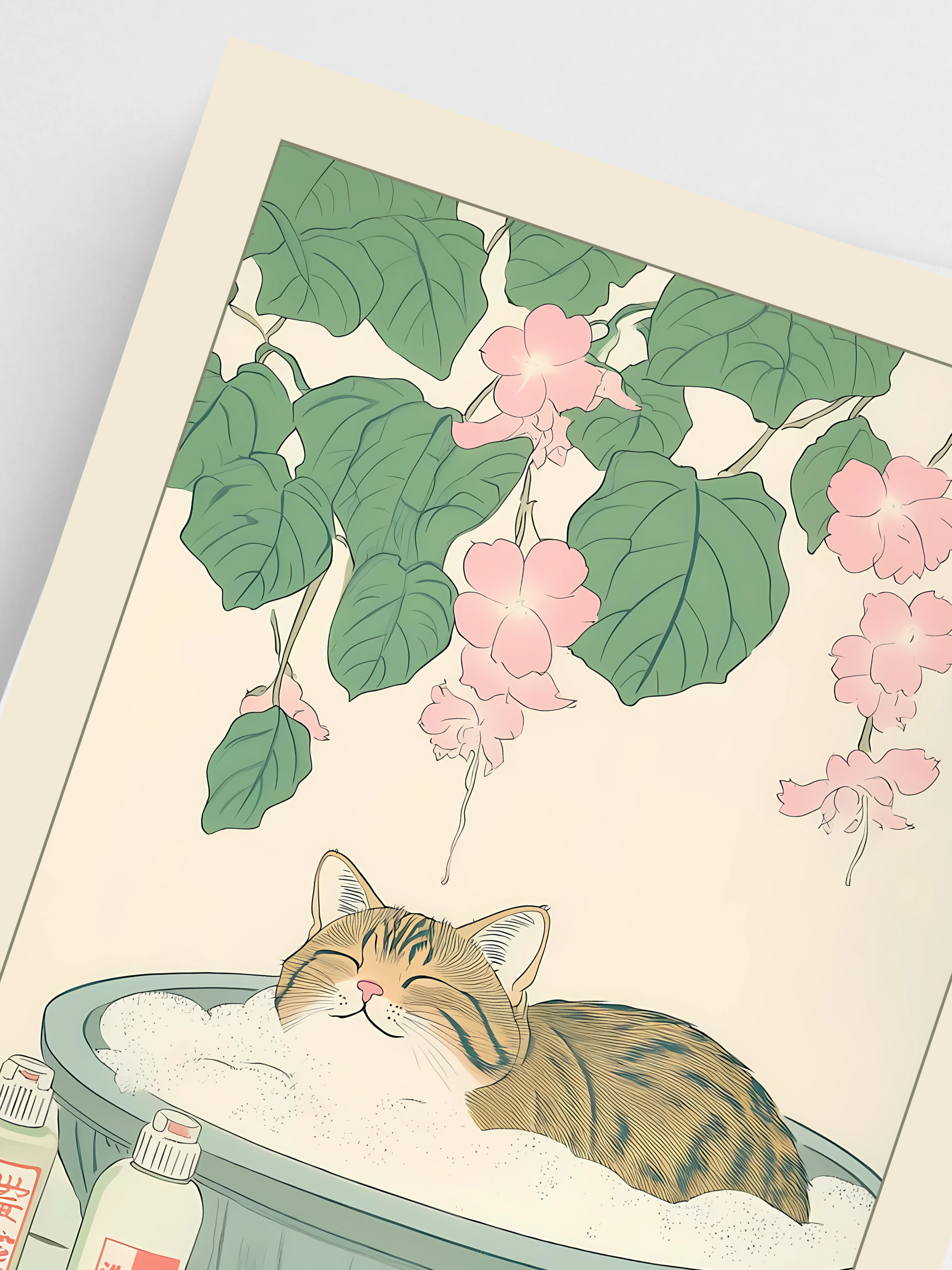 Close-up of neutral tabby cat print for aesthetic Japanese decor.