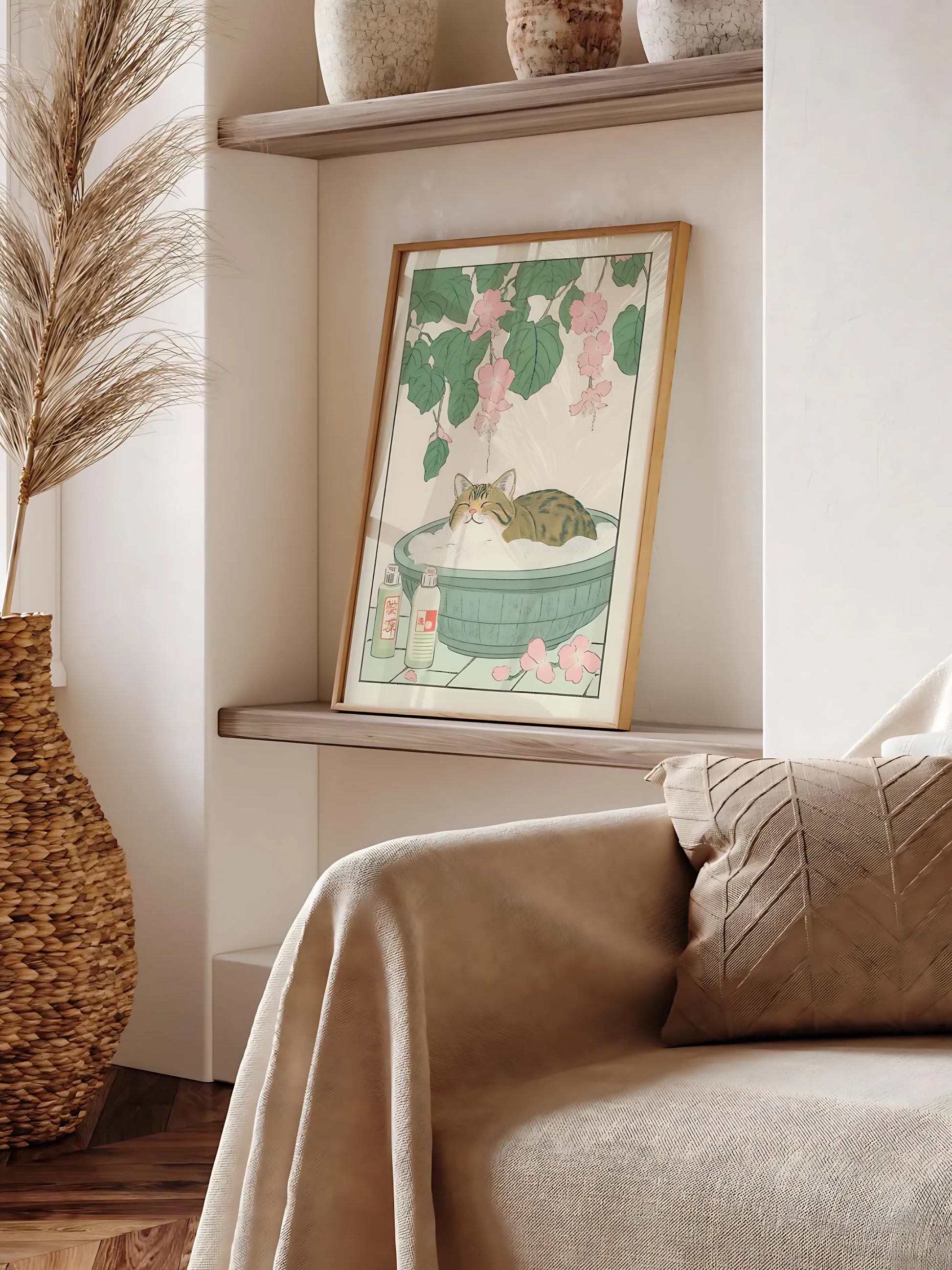 Cozy room with tabby cat Japanese art print styled with plants.