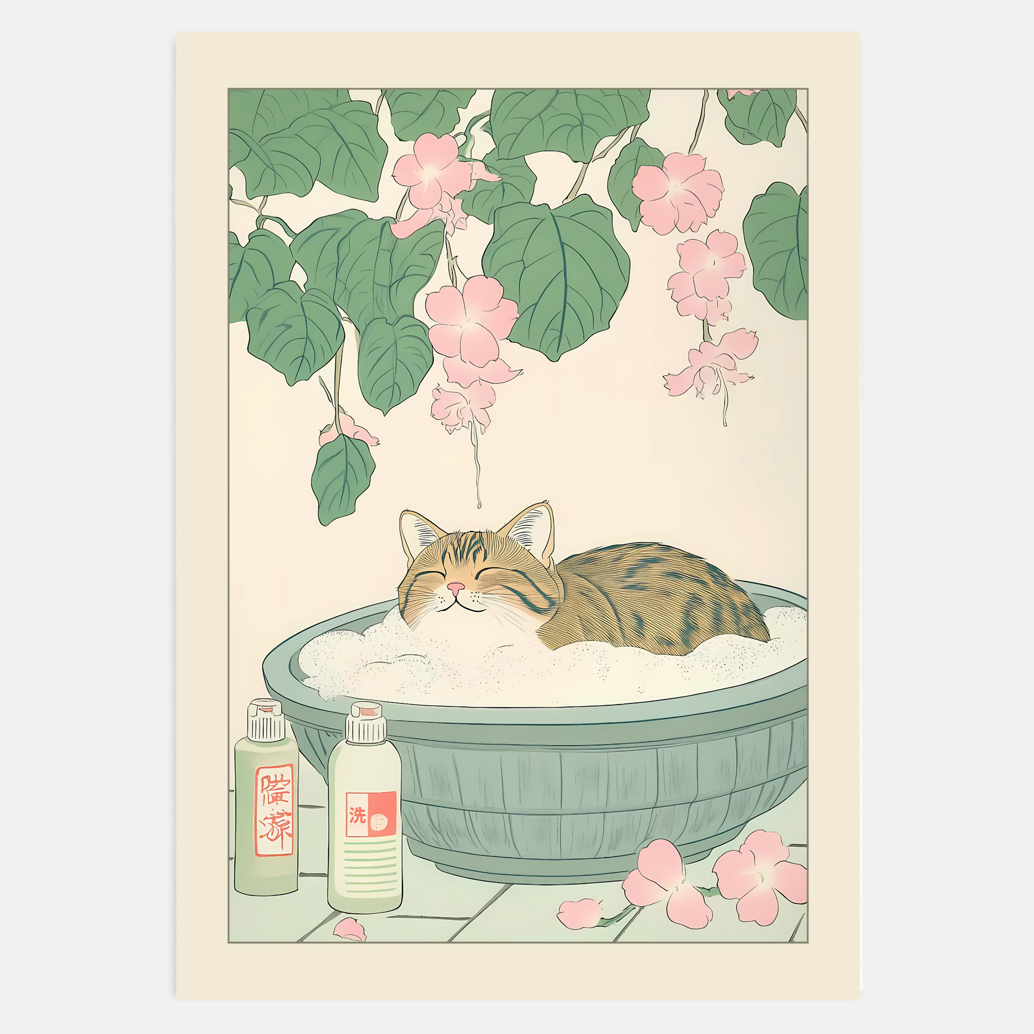 Tabby cat in bathtub wall art with Japanese minimalist style in a bathroom.