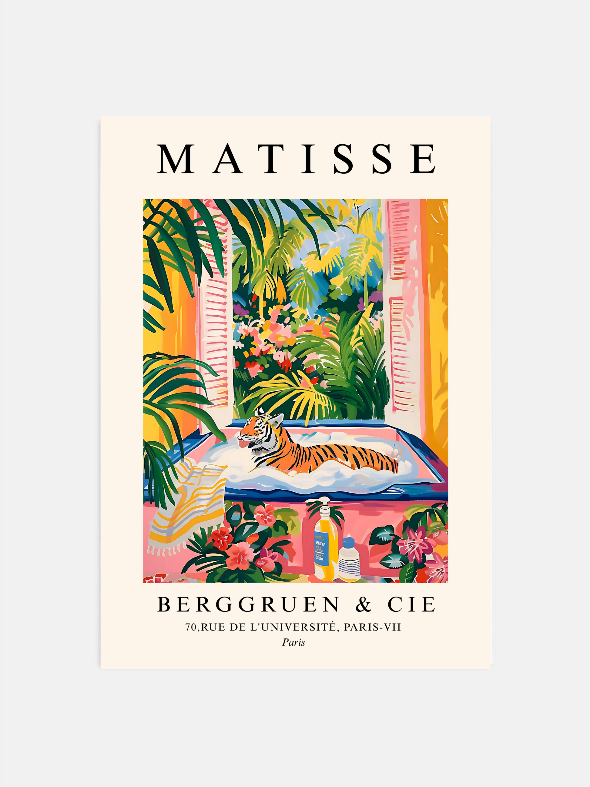 Tiger in bathtub wall art with pink tropical background hanging in a bathroom.