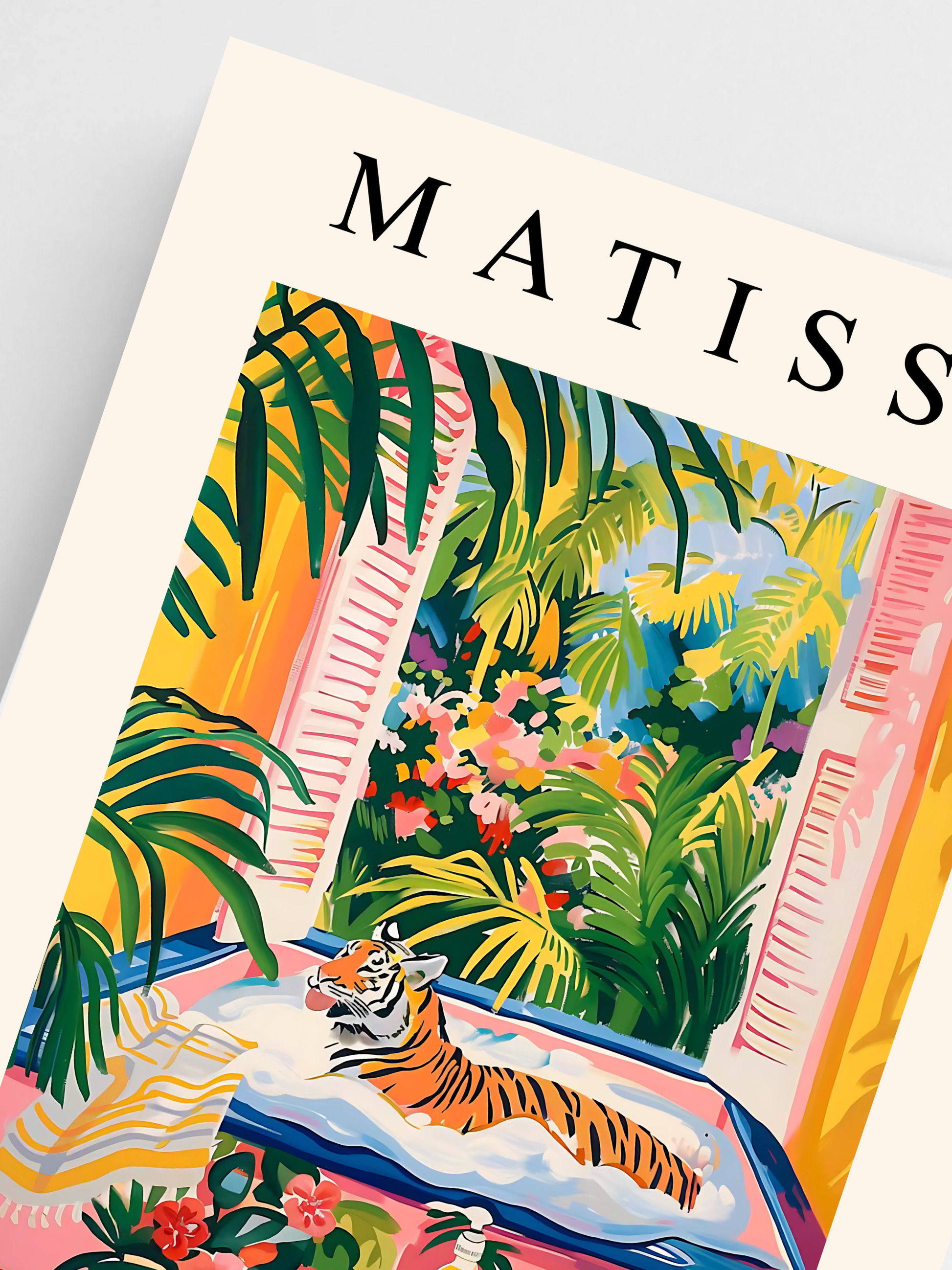 Close-up of funny Matisse-style tiger print surrounded by plants.