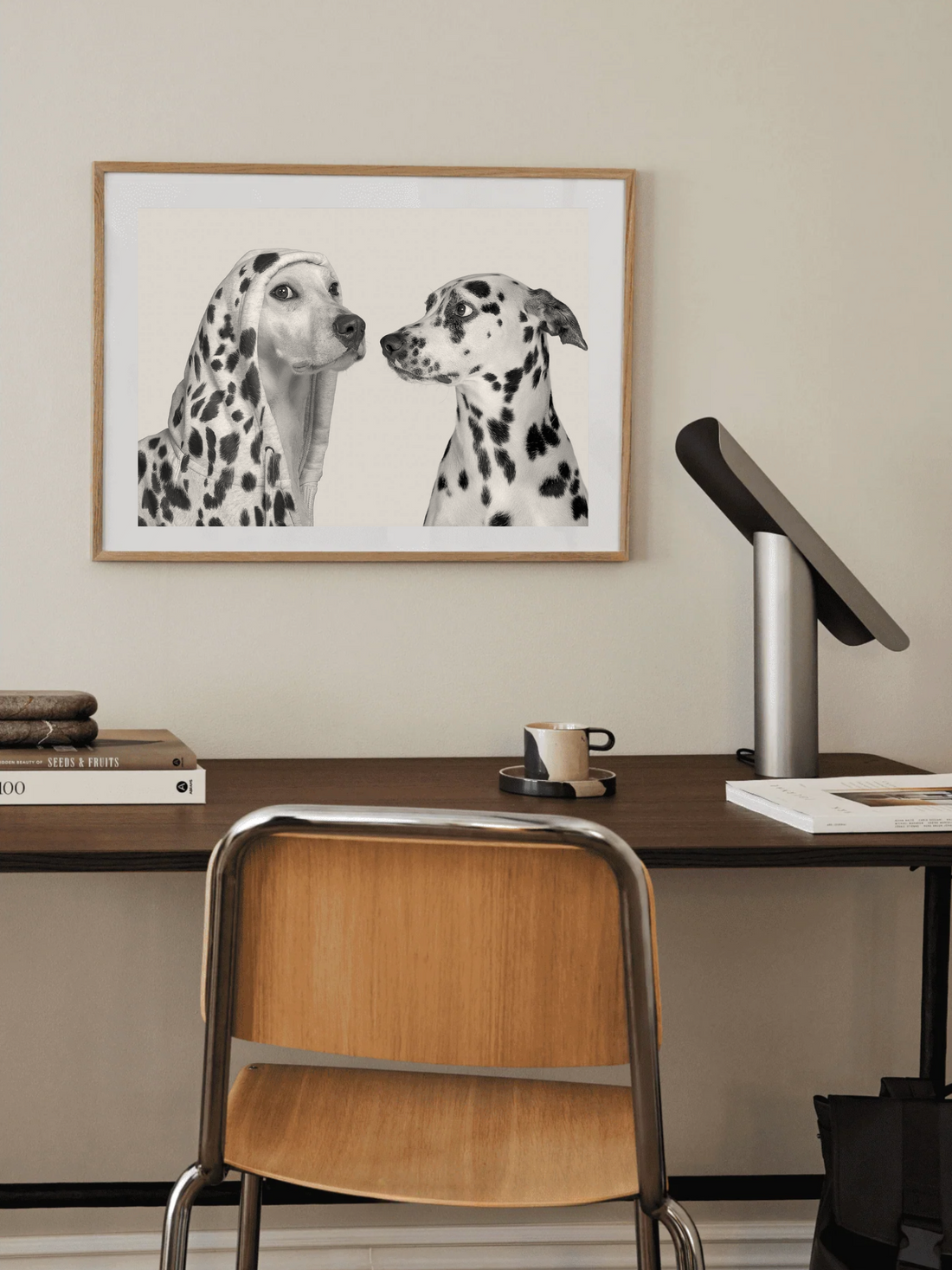 Dalmatian dog beside another dog wearing a dotted hoodie