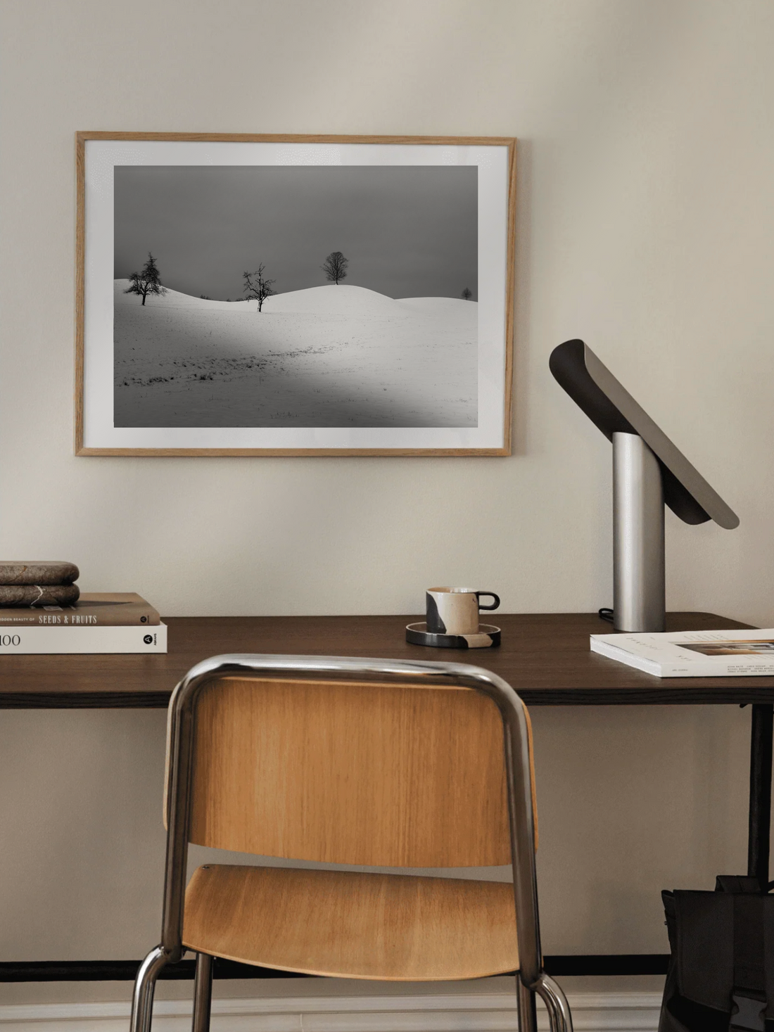 Black and white landscape with snow-covered ground and trees under a gray sky.